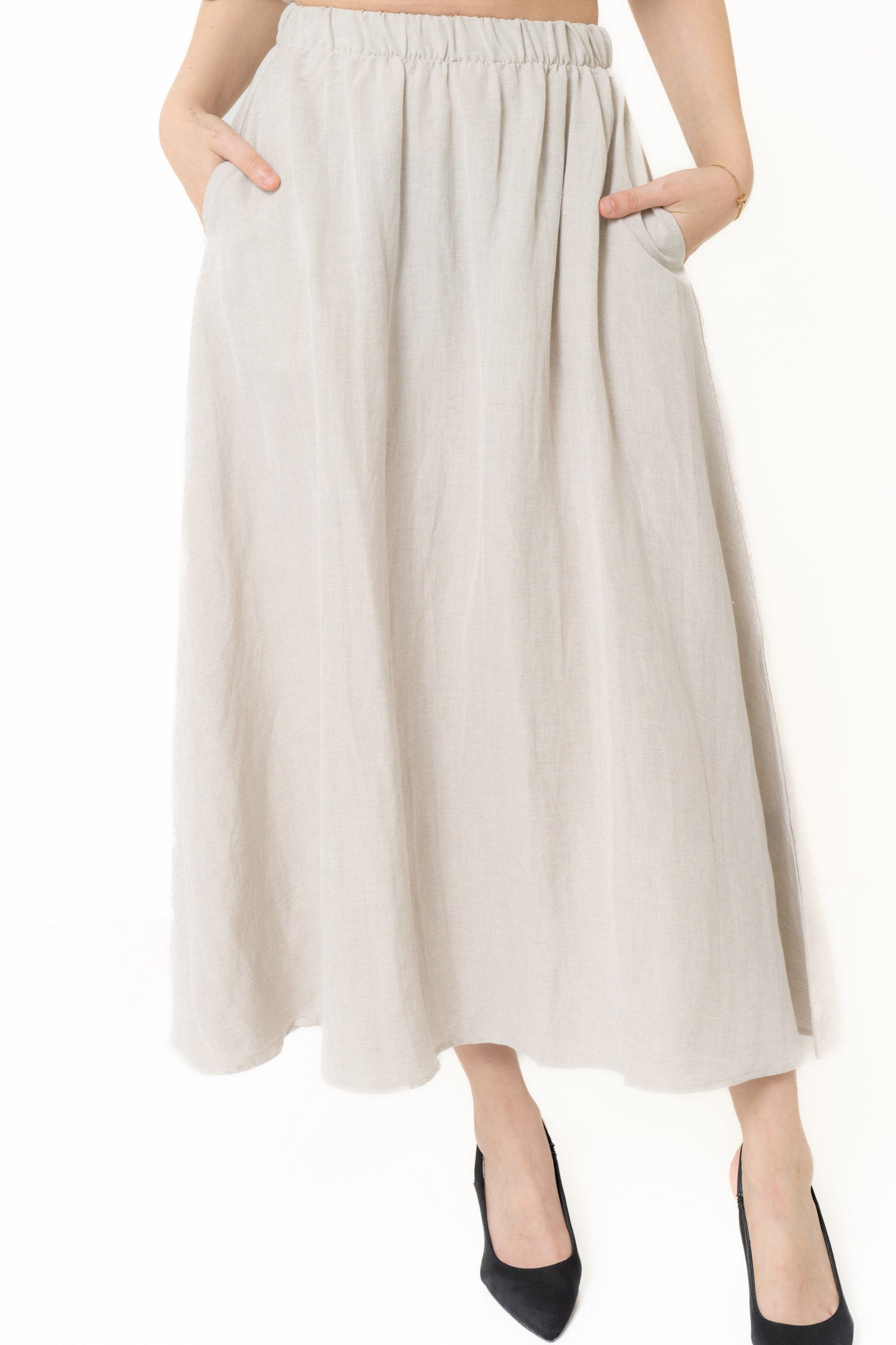 Wide Plain Long Skirt With Ruffled Waist
