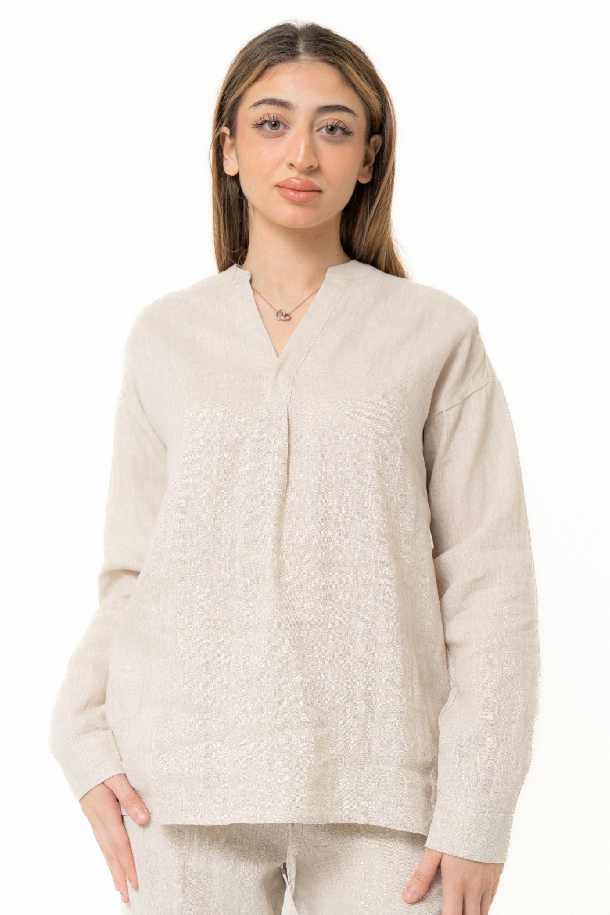 Long Sleeve Plain Blouse With Neck Opening