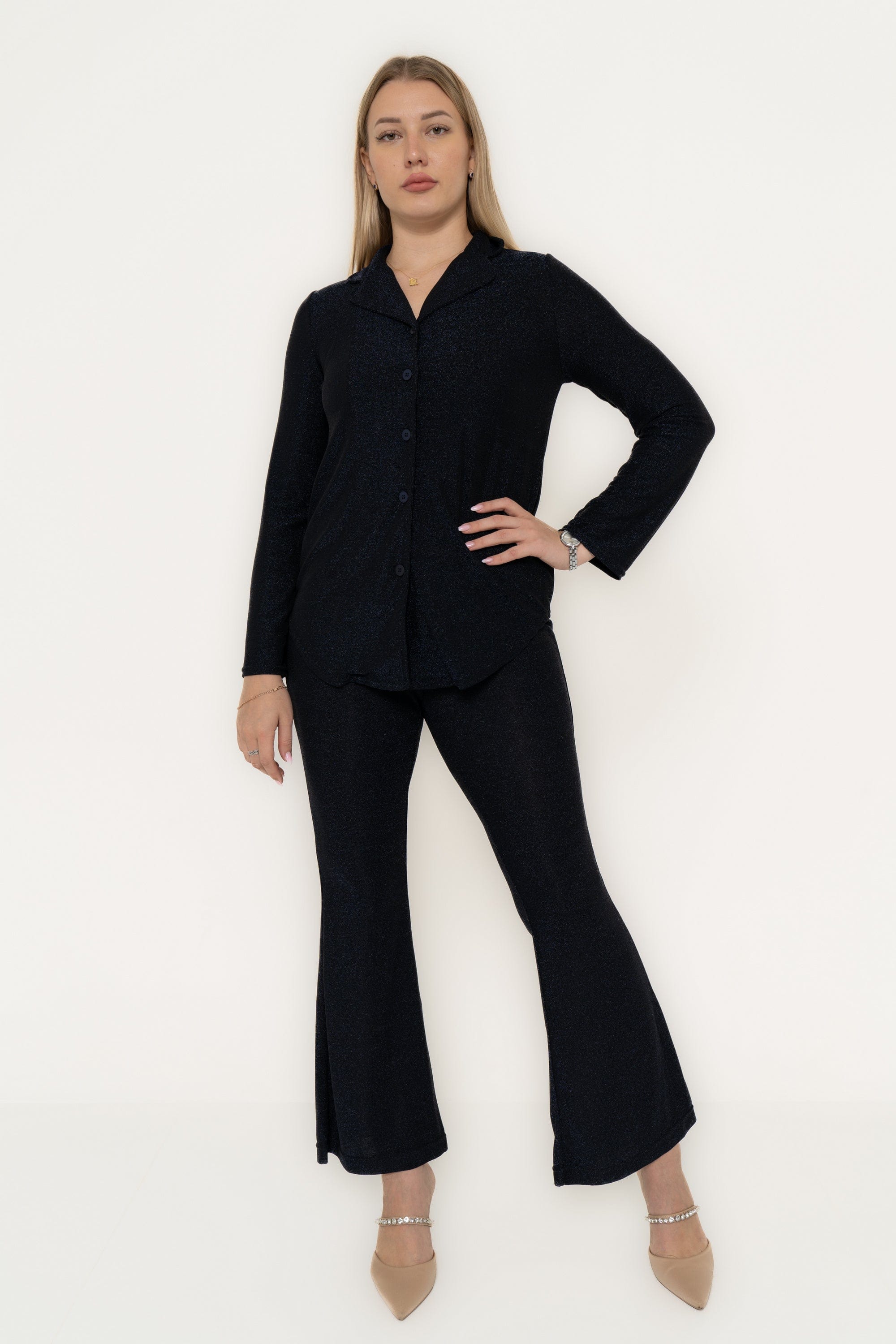 Plain Pajama Set With Collared Top And Wide-Leg Pants