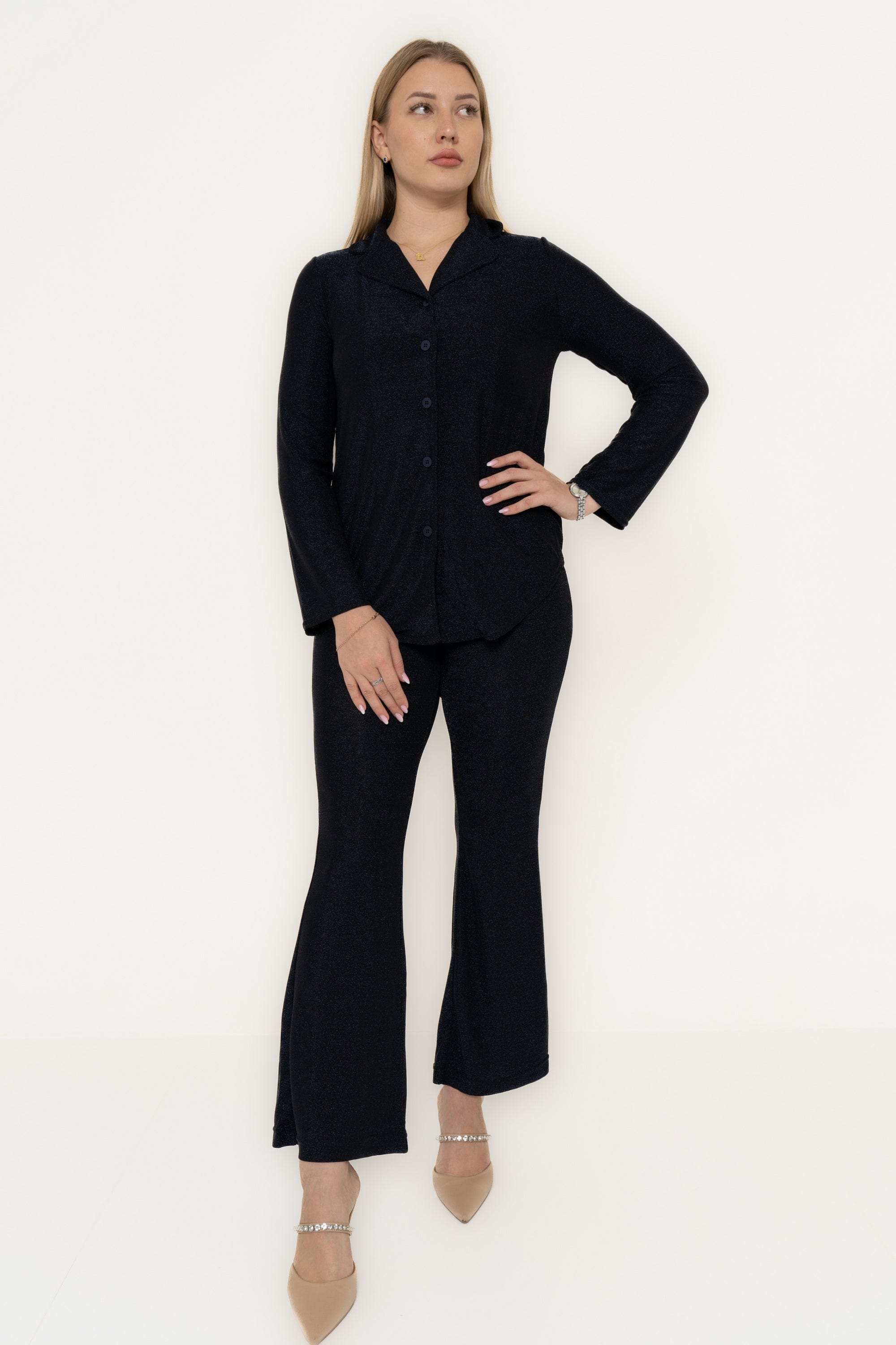 Plain Pajama Set With Collared Top And Wide-Leg Pants