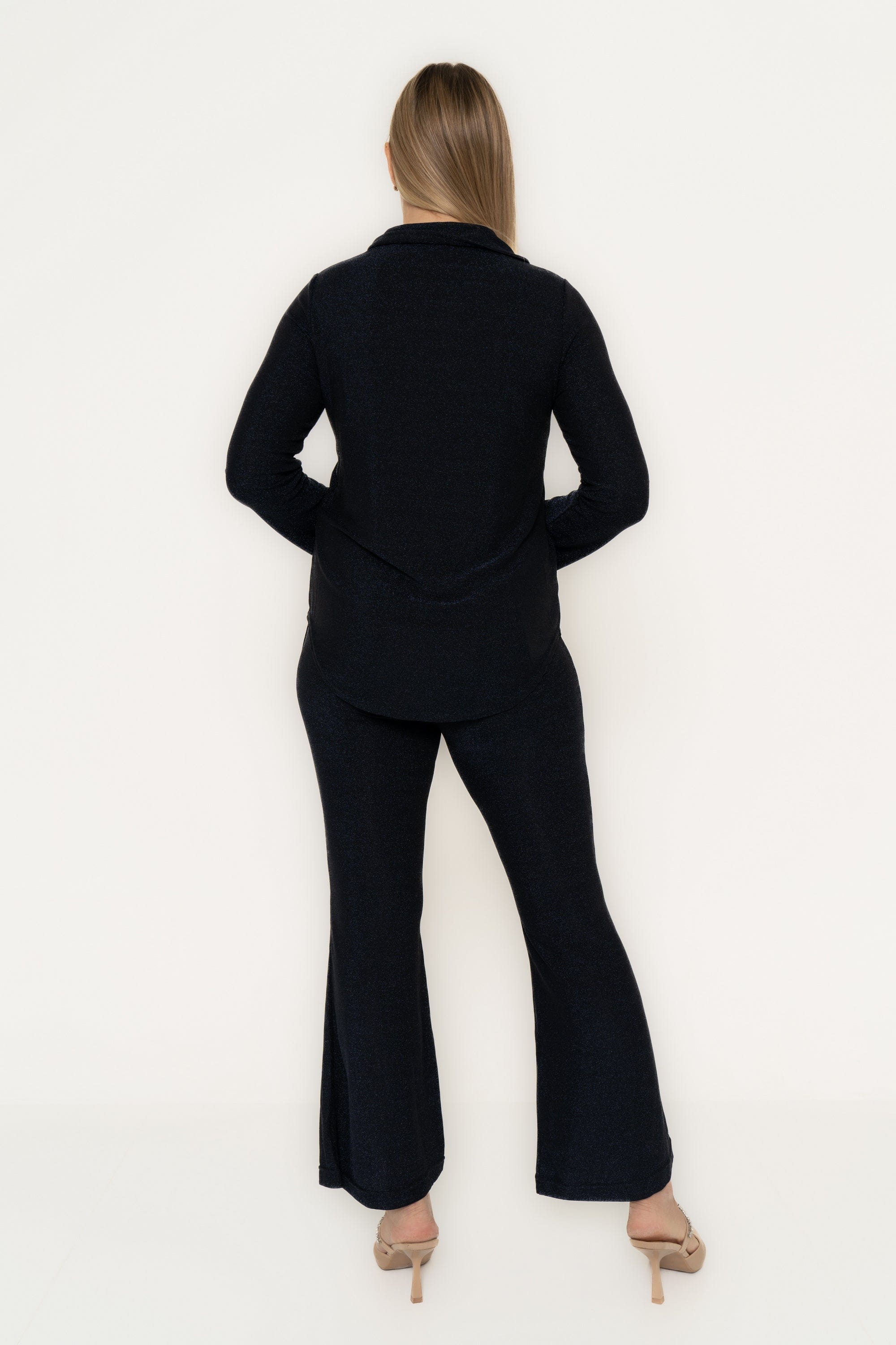 Plain Pajama Set With Collared Top And Wide-Leg Pants