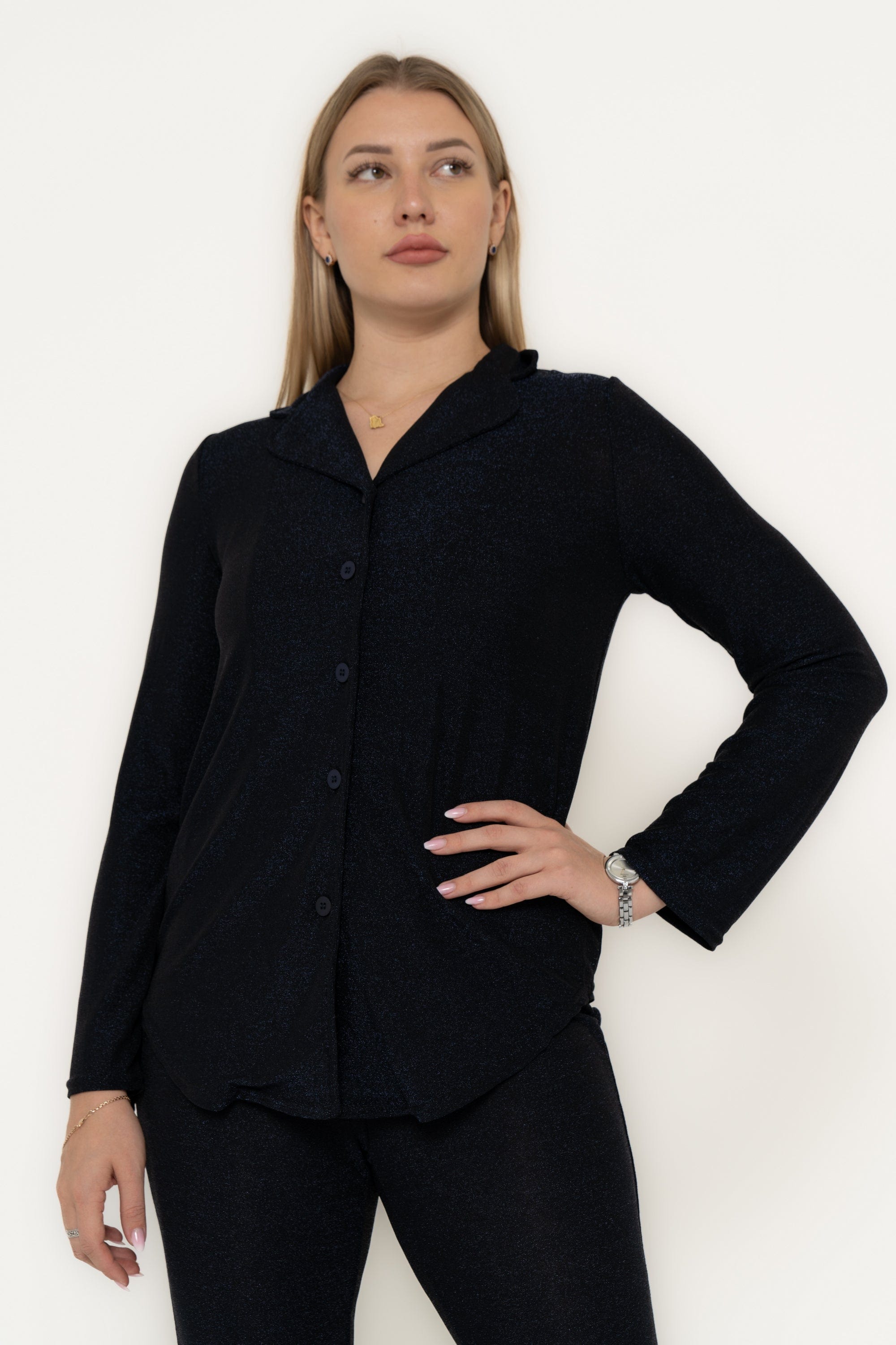 Plain Pajama Set With Collared Top And Wide-Leg Pants