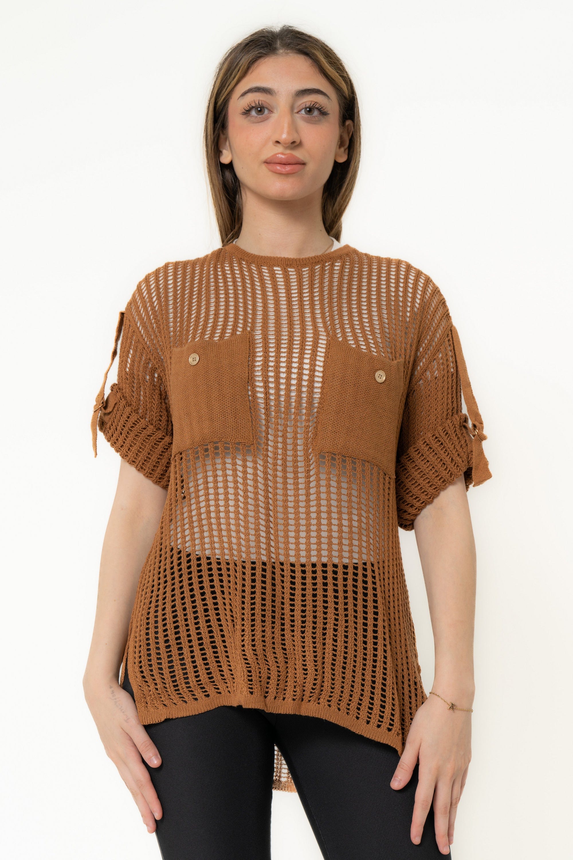 Short Sleeve Hollowed Blouse With Chest Pockets