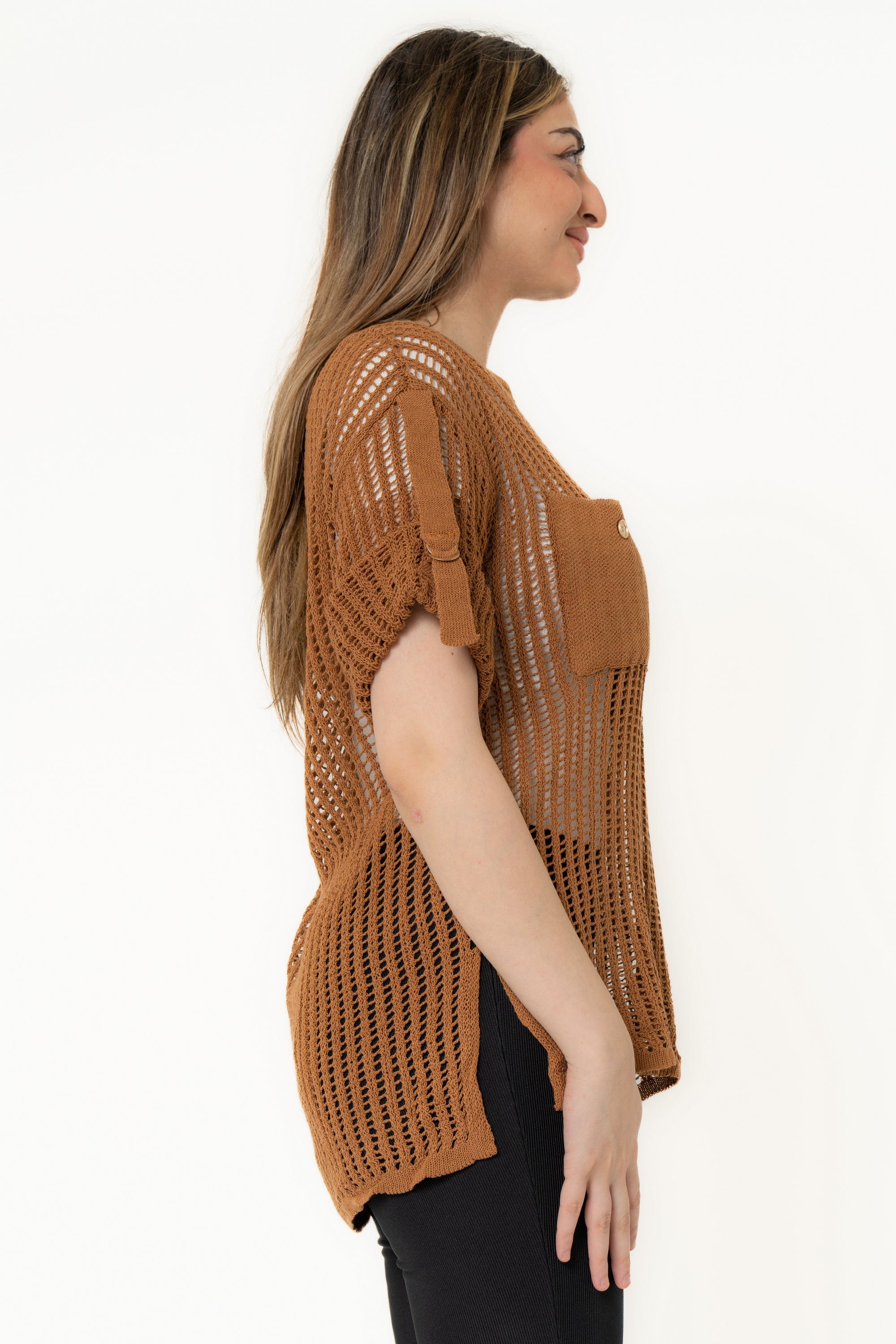 Short Sleeve Hollowed Blouse With Chest Pockets