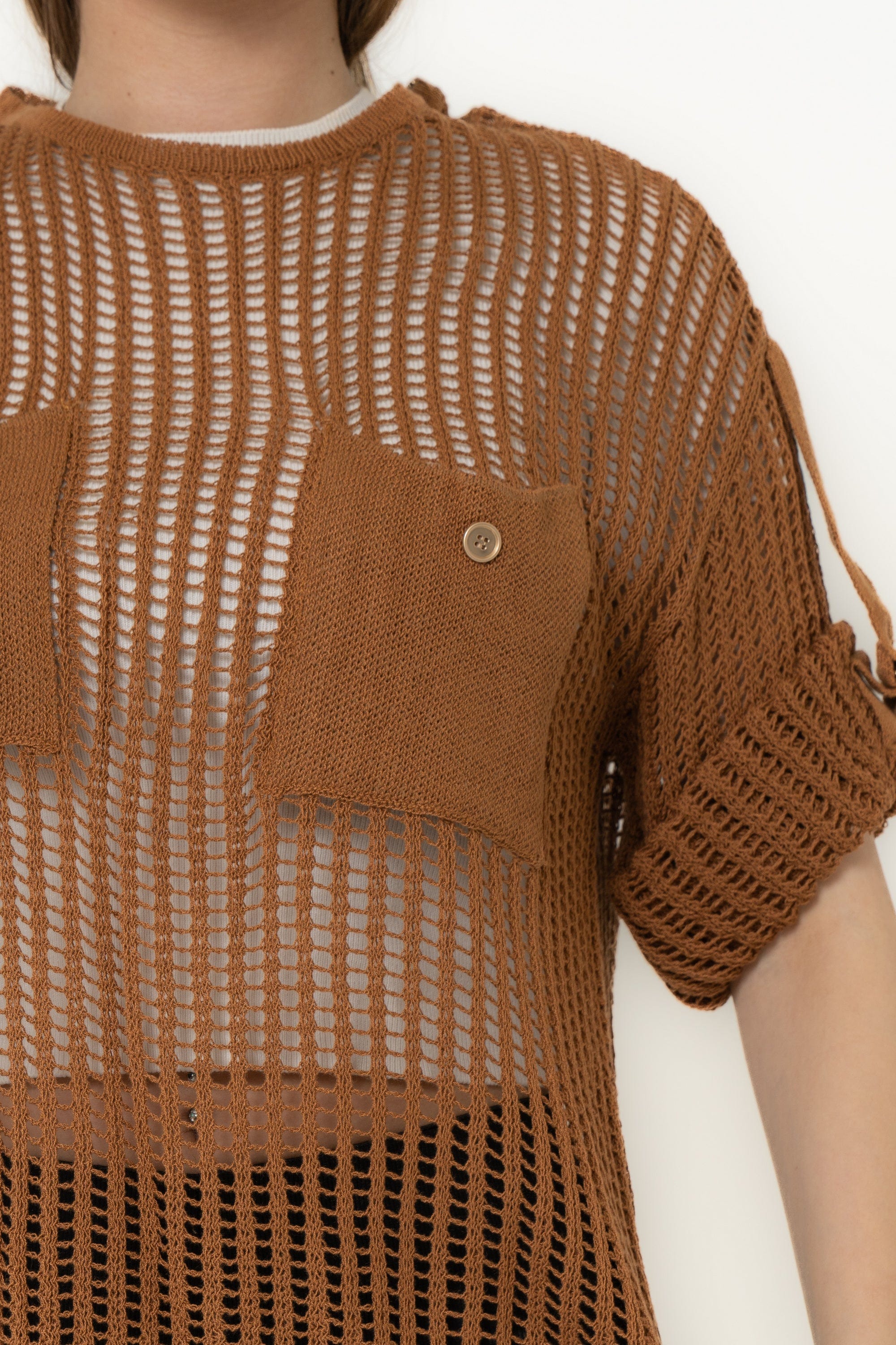 Short Sleeve Hollowed Blouse With Chest Pockets