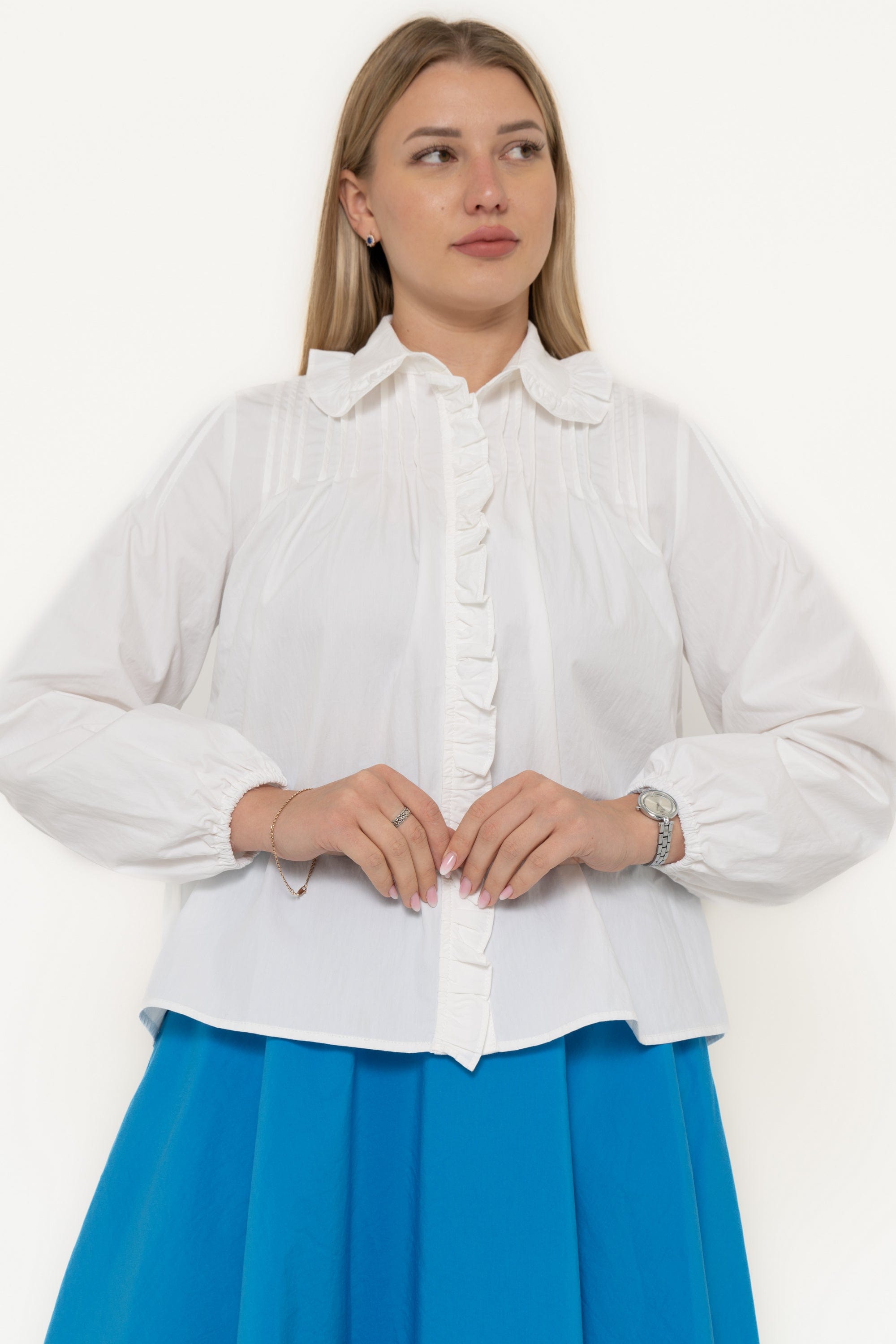 Plain Blouse With Ruffles On The Sleeve And Long Sleeves