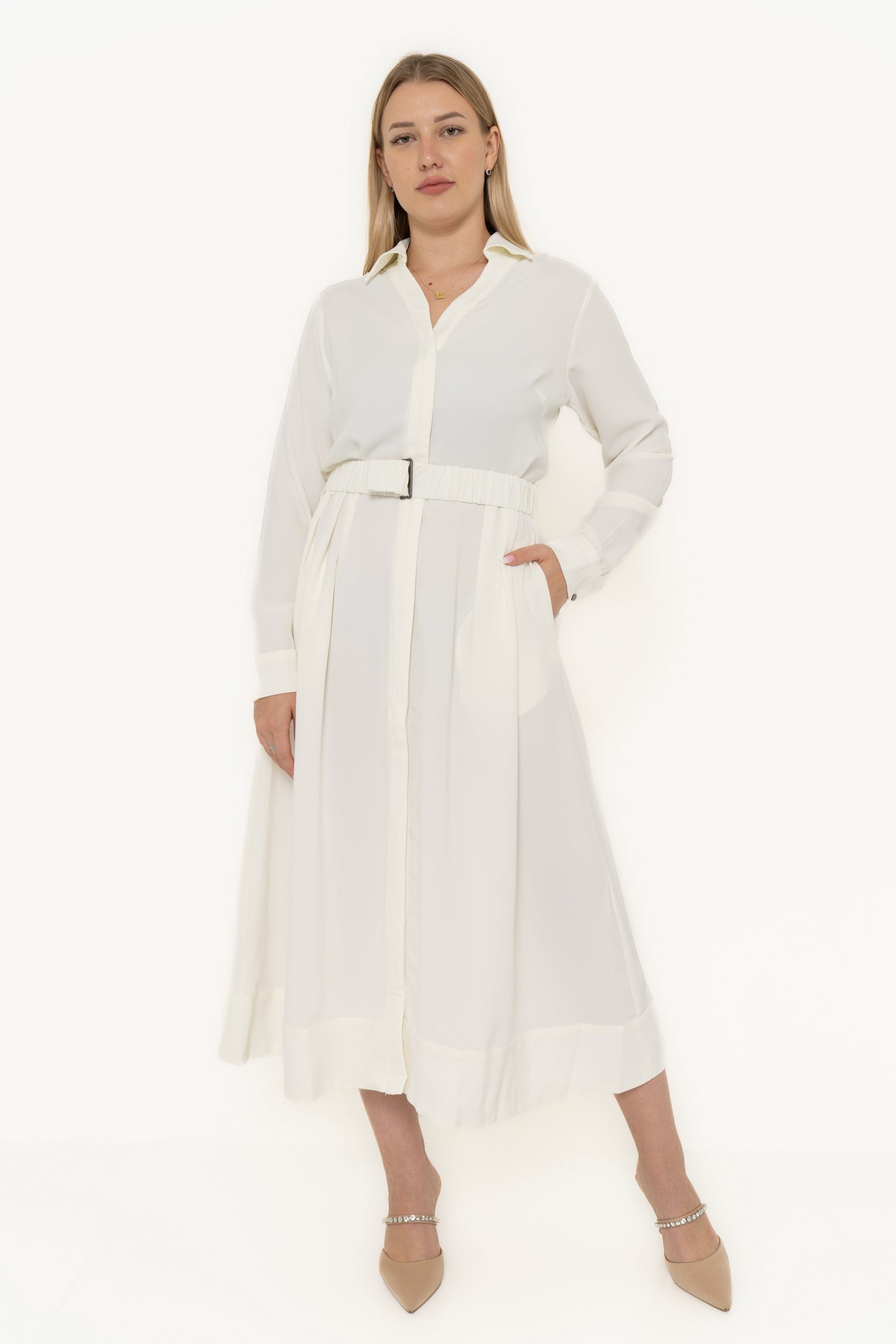 Plain Work Dress With Long Sleeves And Waist Belt