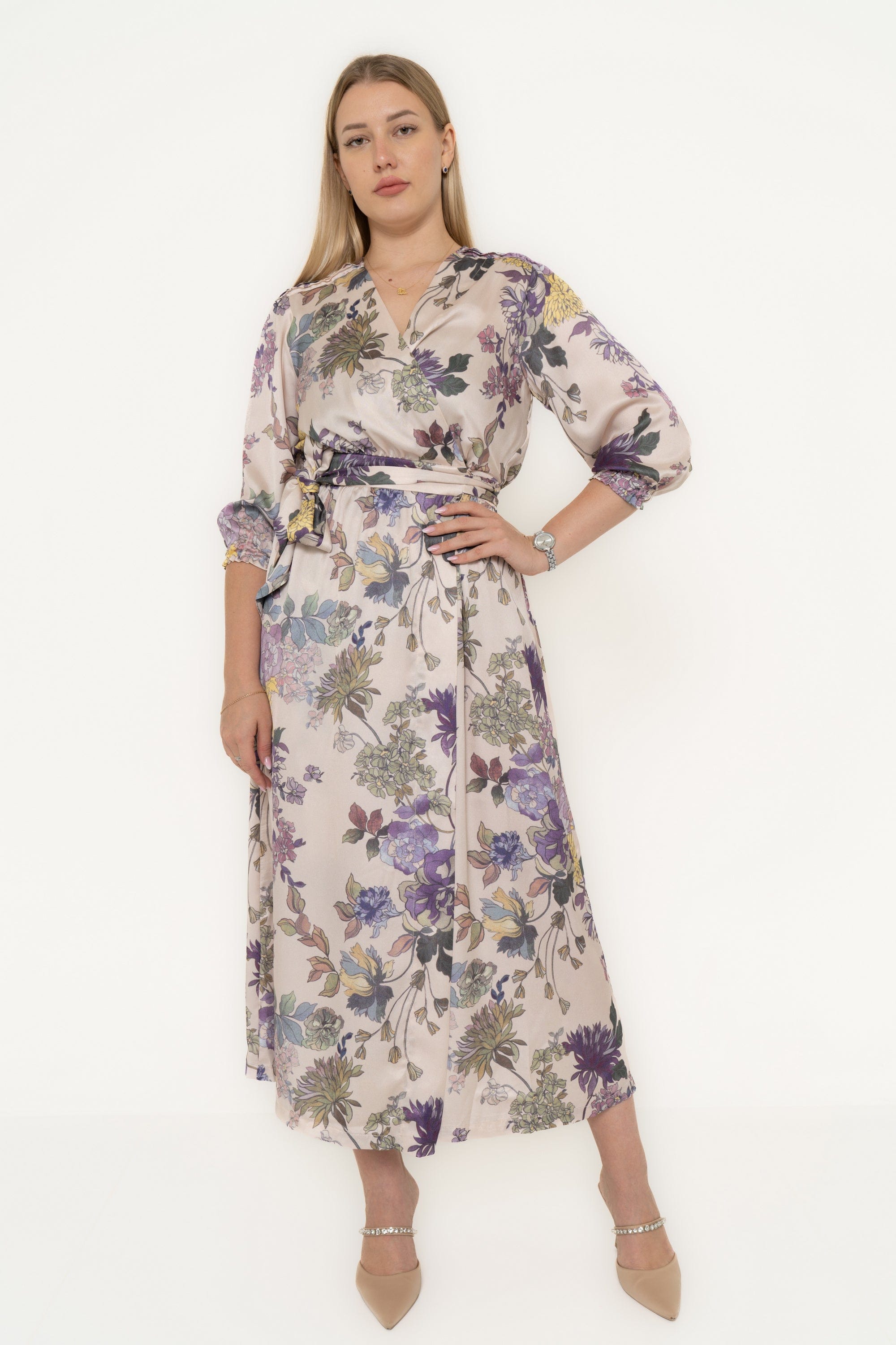 Floral Midi Dress With 3/4 Sleeves