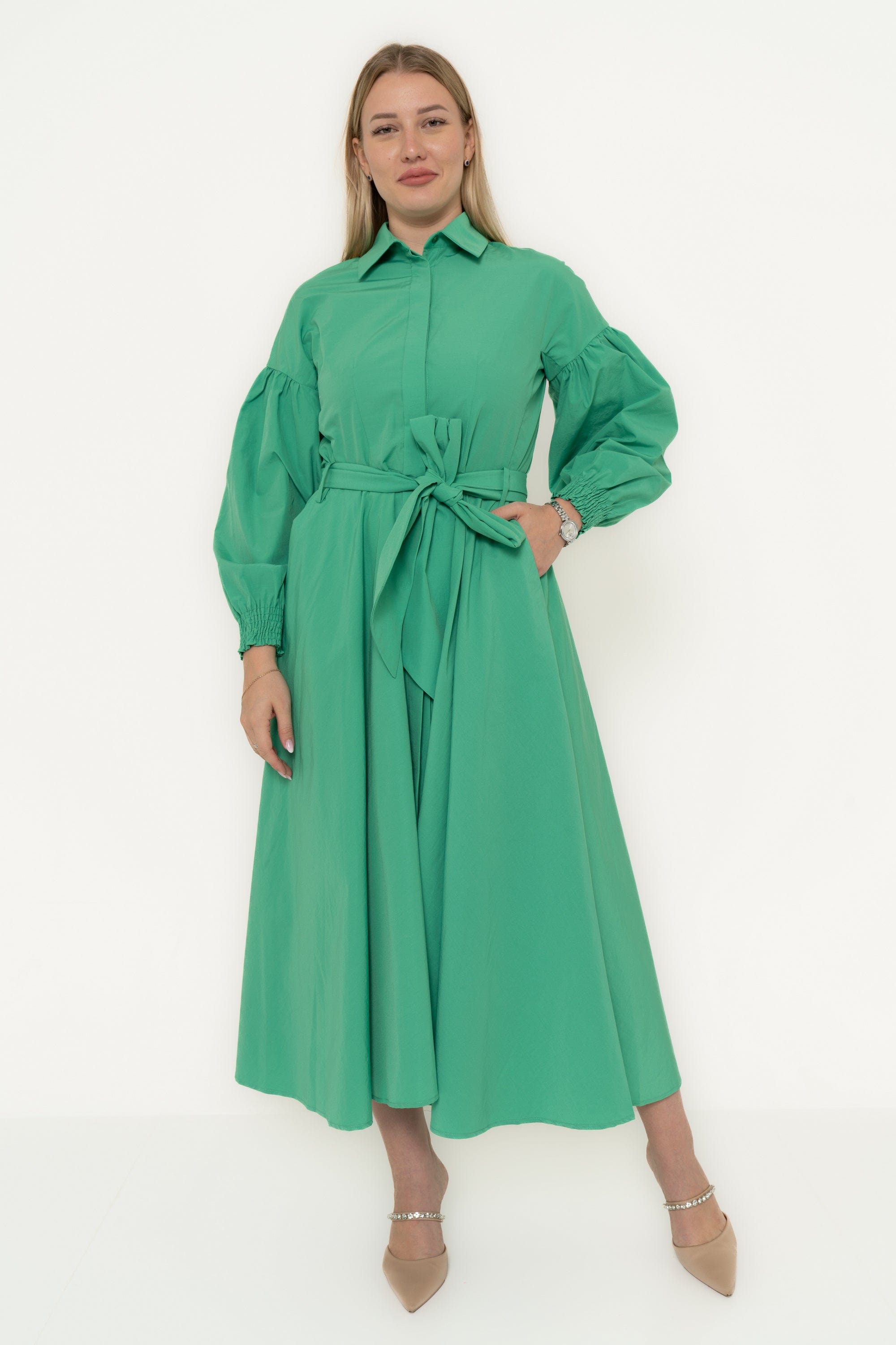 Solid Midi Dress With Waist Tie And Puffed Long Sleeves
