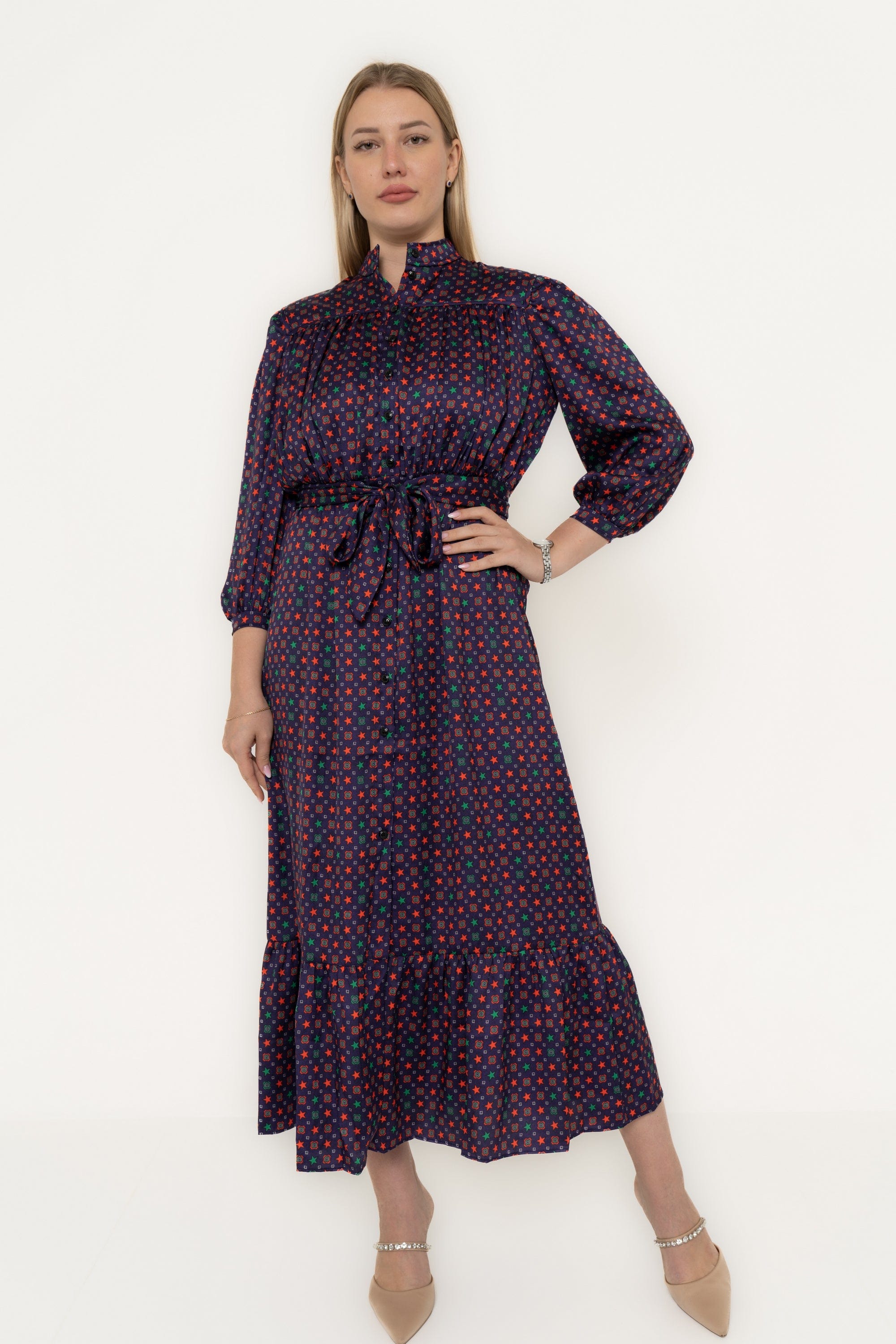 Midi Dress With Long Sleeves, Waist Tie, Polka Dots, And Ruffled Tail