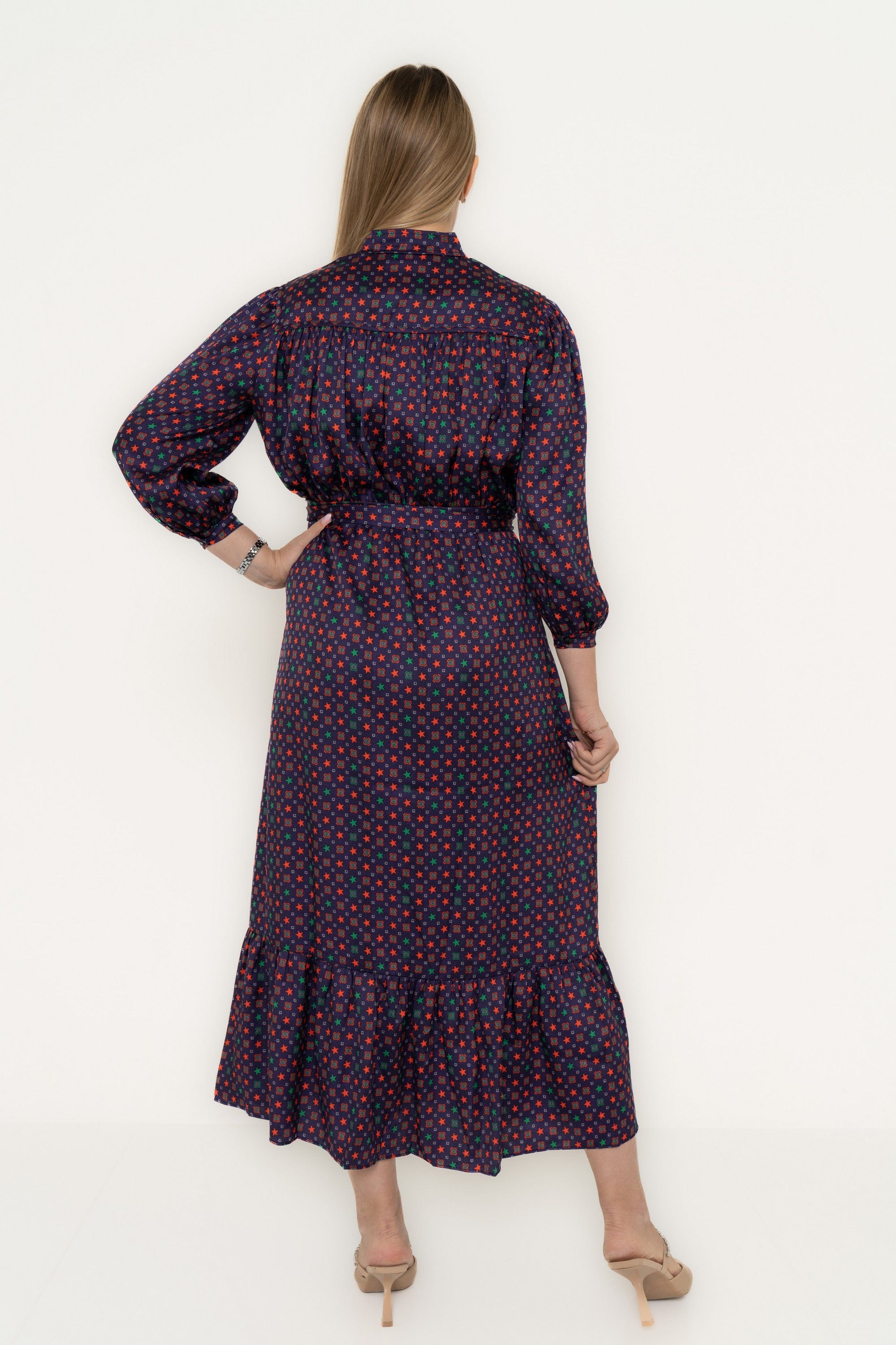 Yola Midi dress with long sleeves, waist tie, polka dots, and ruffled tail