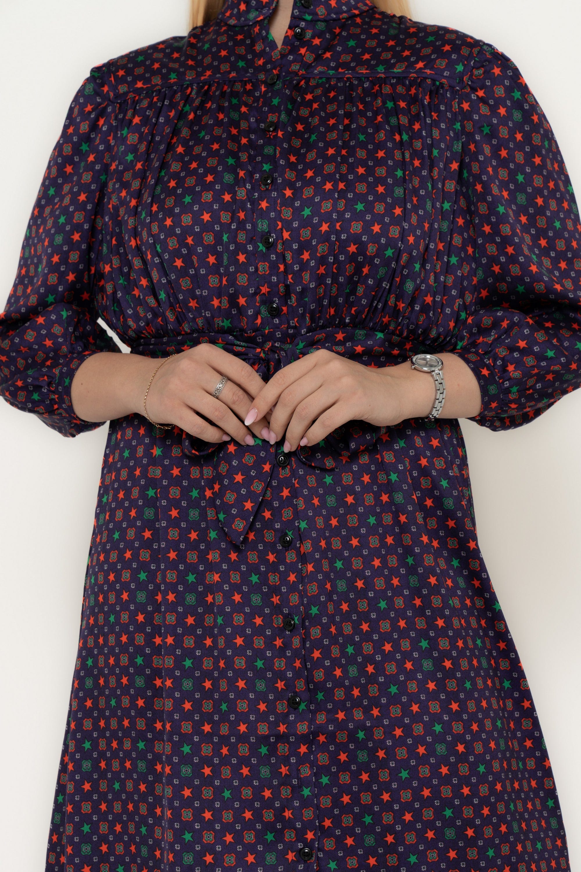 Yola Midi dress with long sleeves, waist tie, polka dots, and ruffled tail