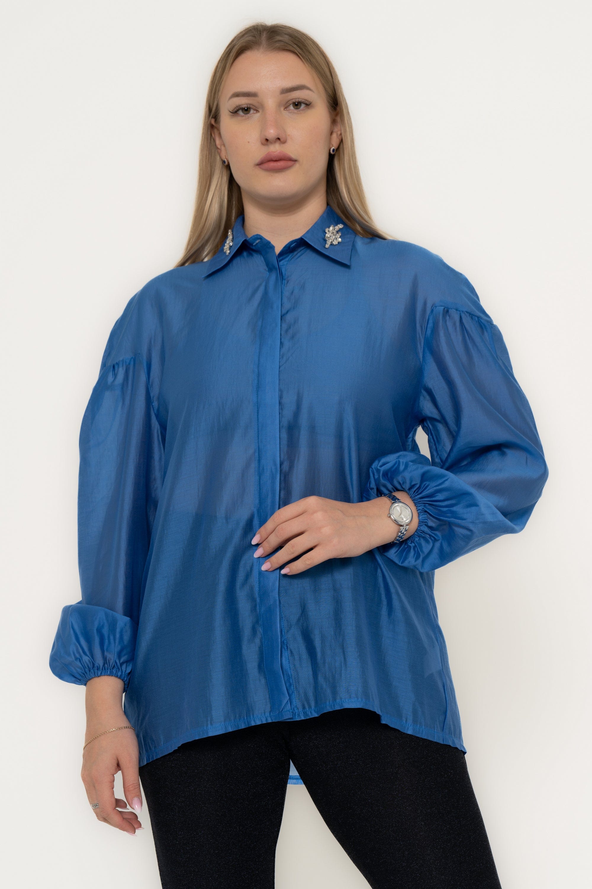 Solid Long Sleeve Blouse With Ruffled Sleeves