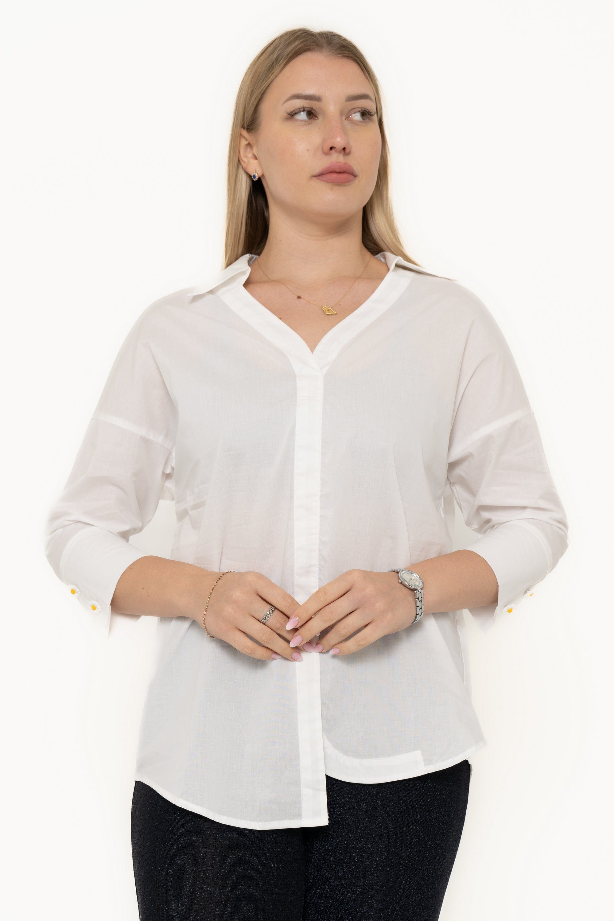 Plain V-Neck Long Sleeve Blouse