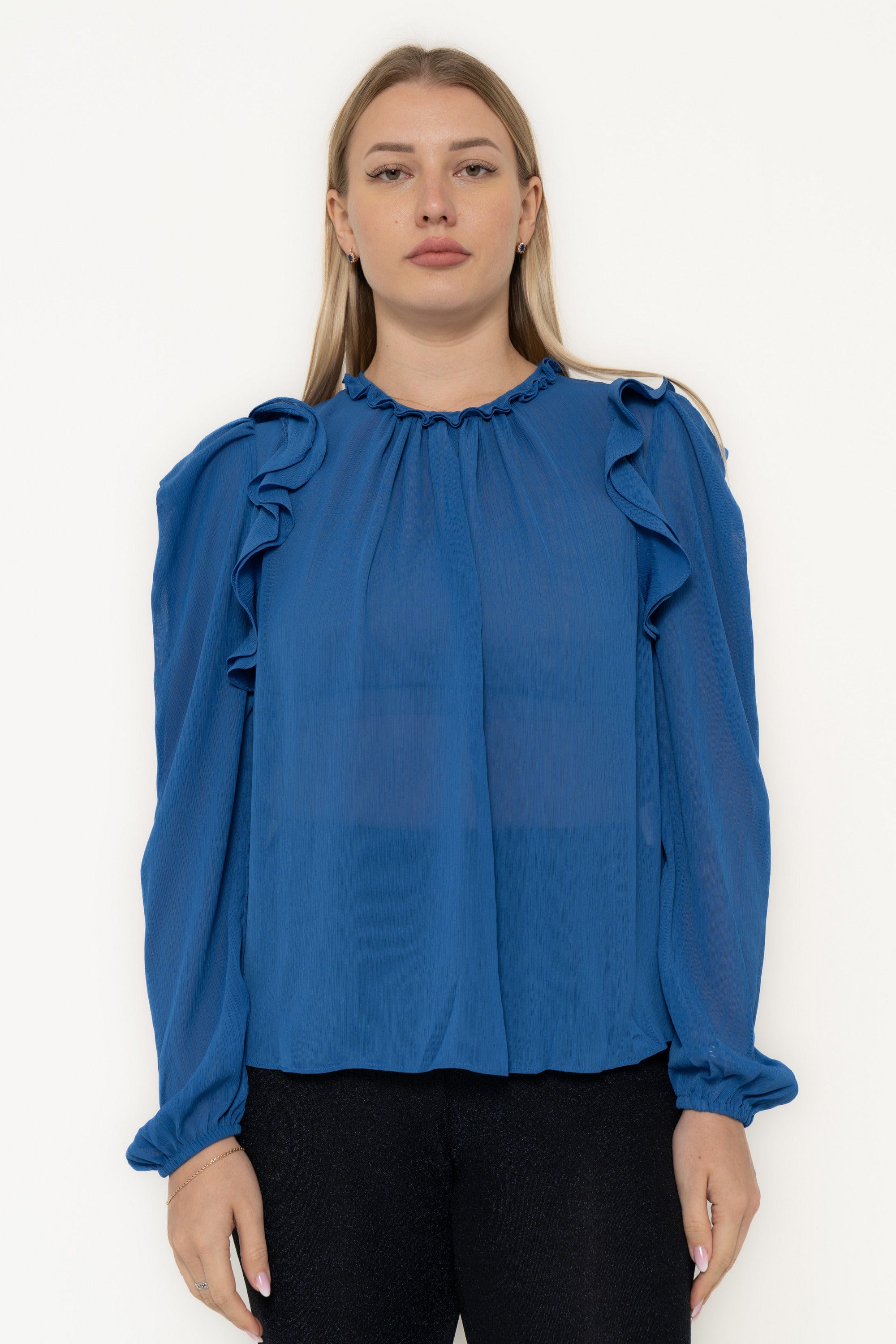 Plain Chiffon Blouse With Ruffled Shoulder And Long Sleeves