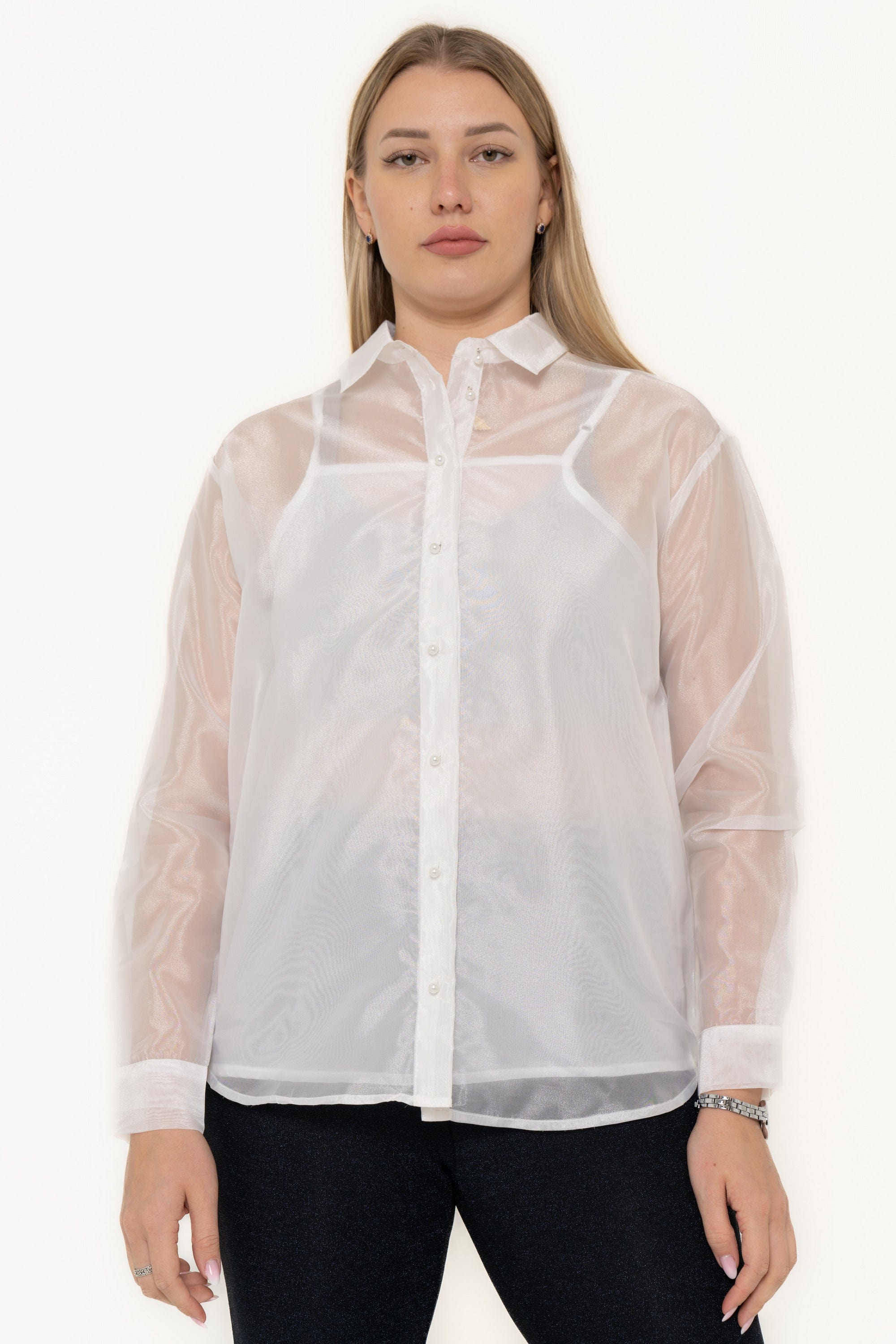 Solid Color Chiffon Blouse With Front Buttons