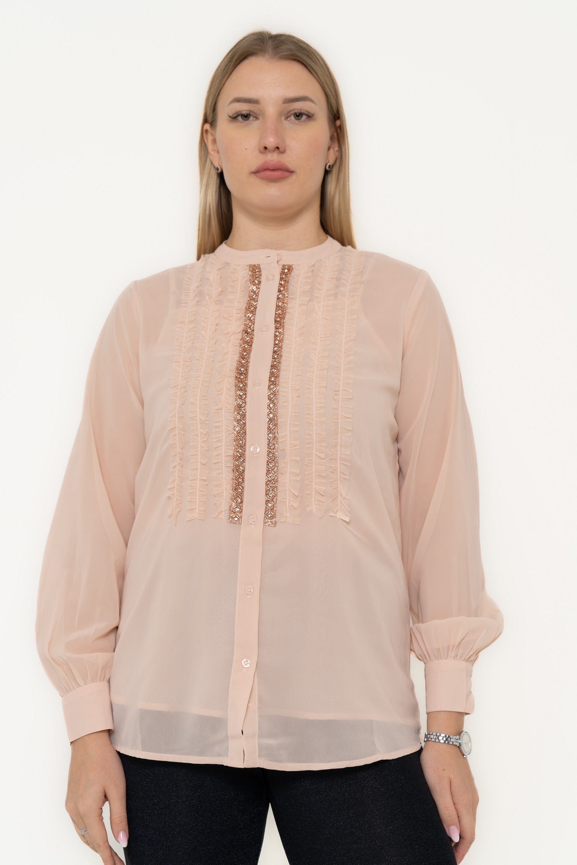 Embroidered Chiffon Blouse With Long Sleeves