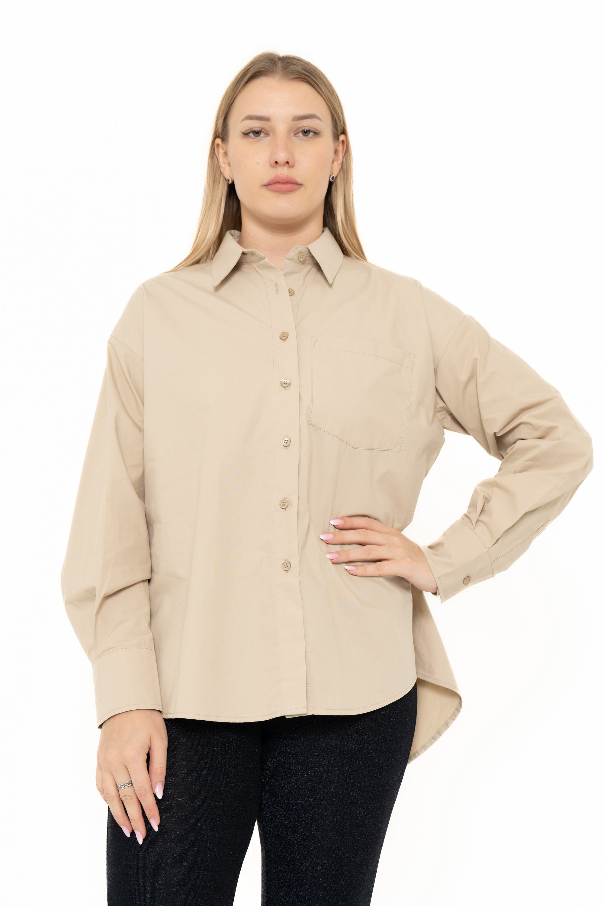 Yola Solid Color Blouse with Front Buttons, Long Sleeves