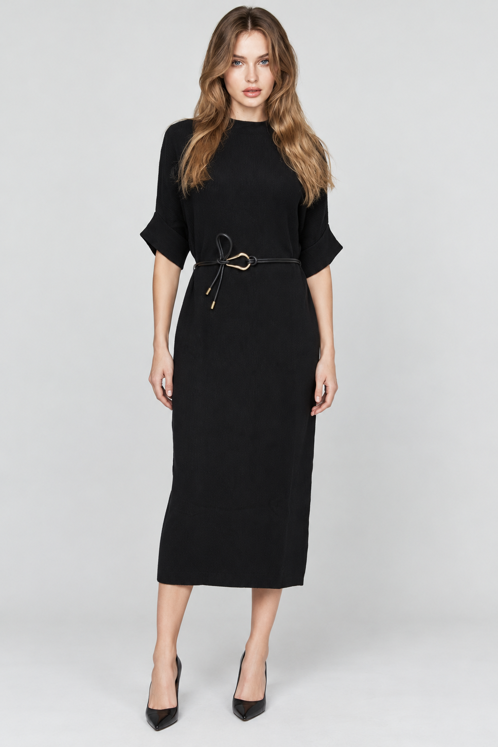 Full front view - black midi dress - Natalie
