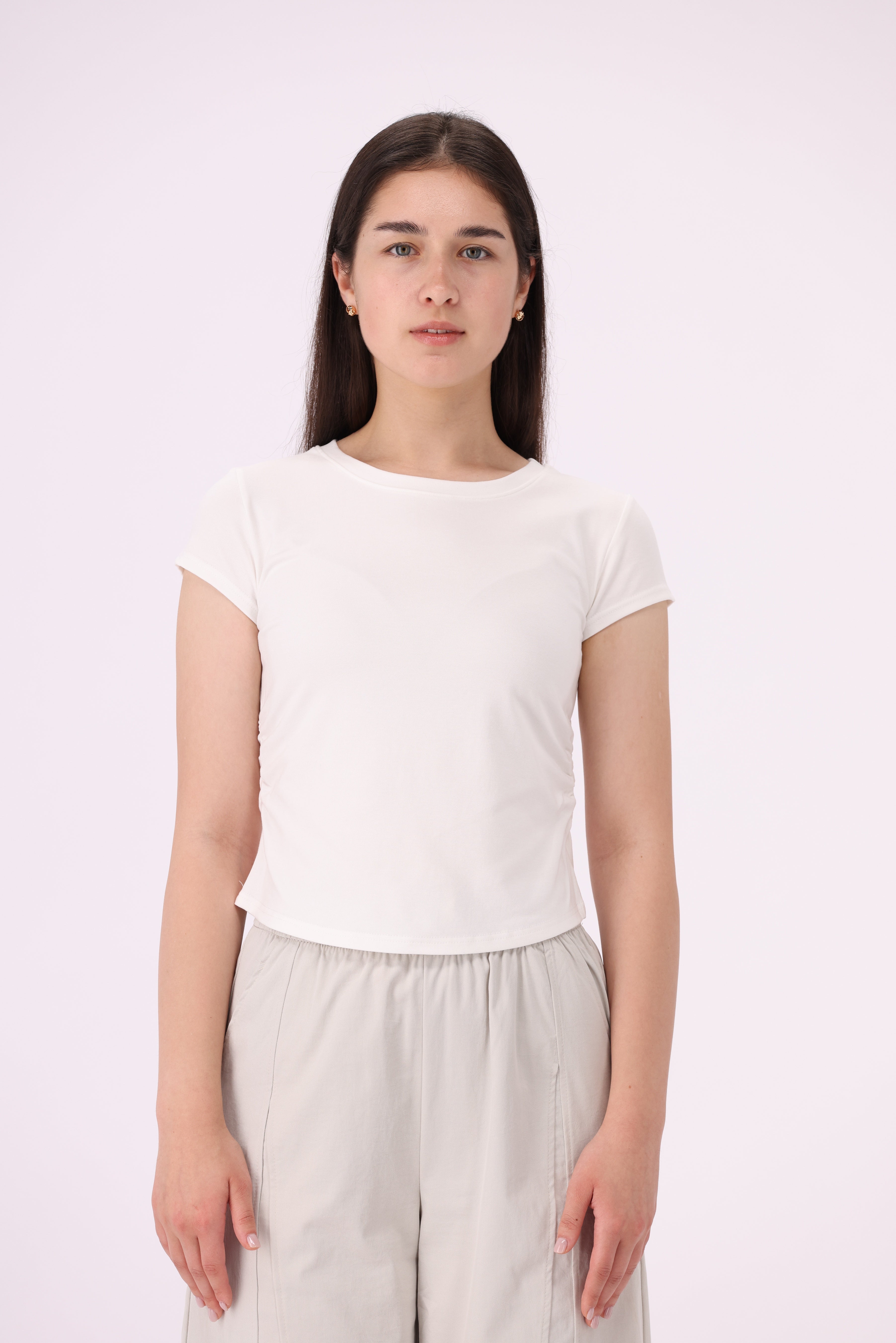 Plain Short Sleeves Top with Round Neck