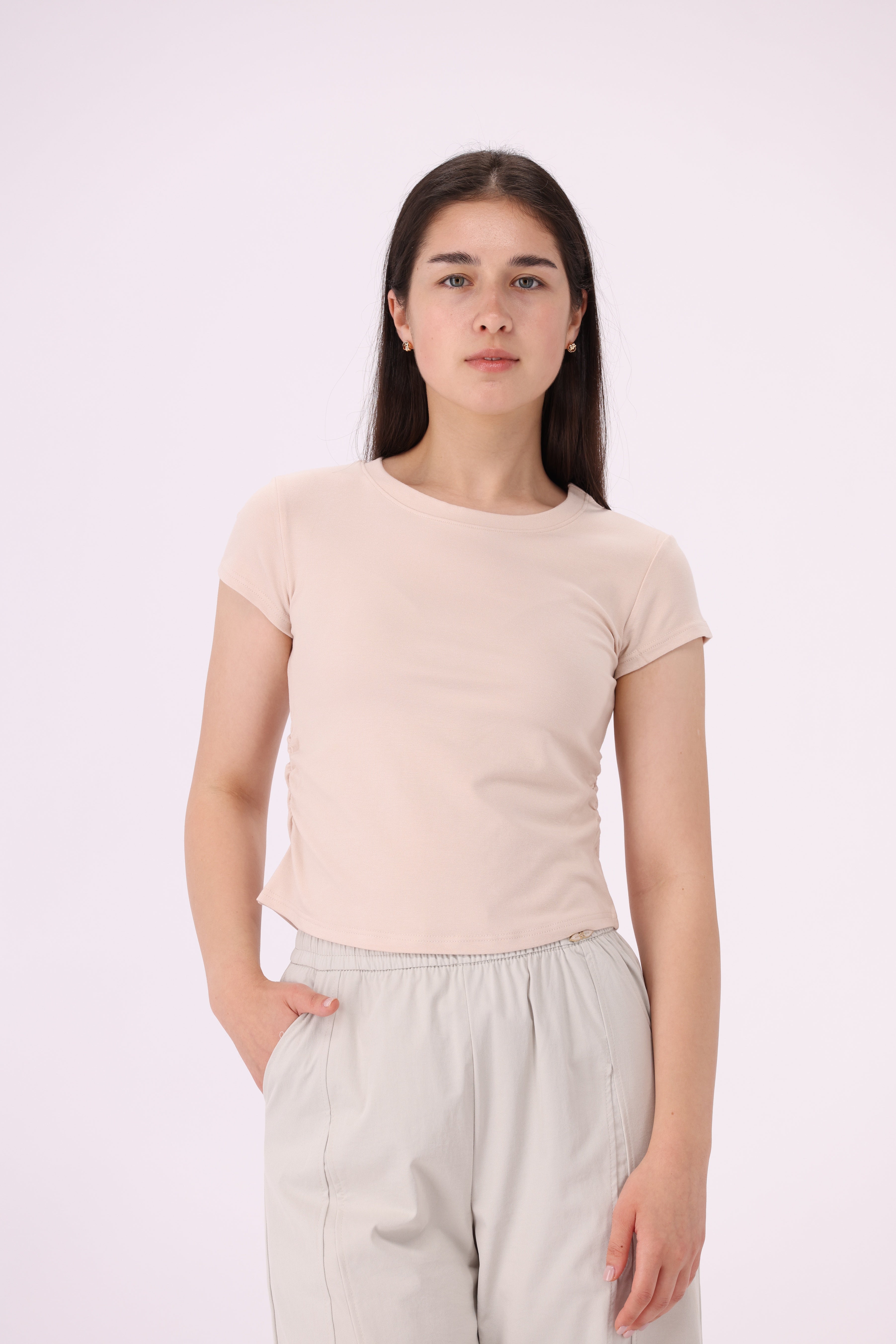 Plain Short Sleeves Top with Round Neck
