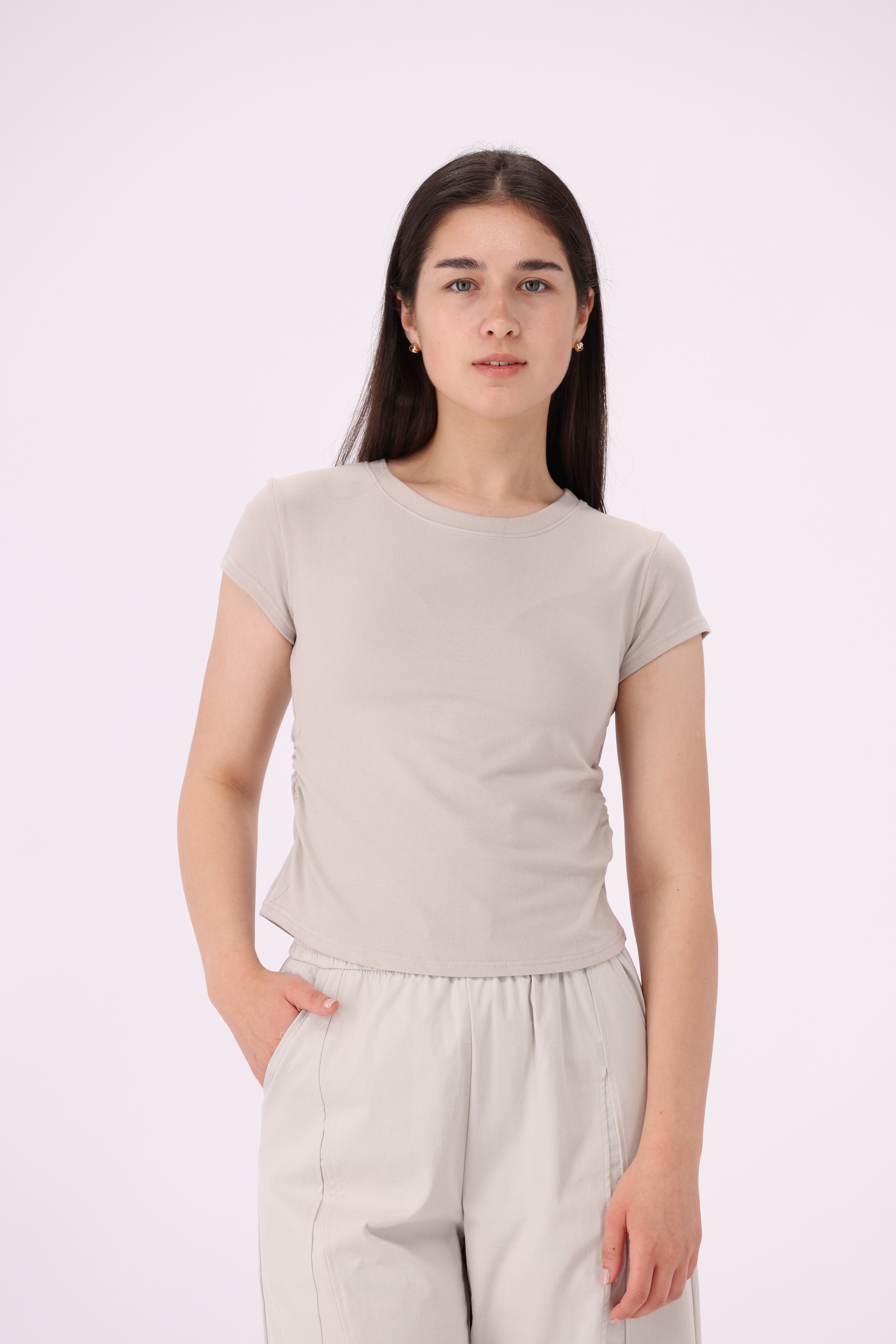 Plain Short Sleeves Top with Round Neck