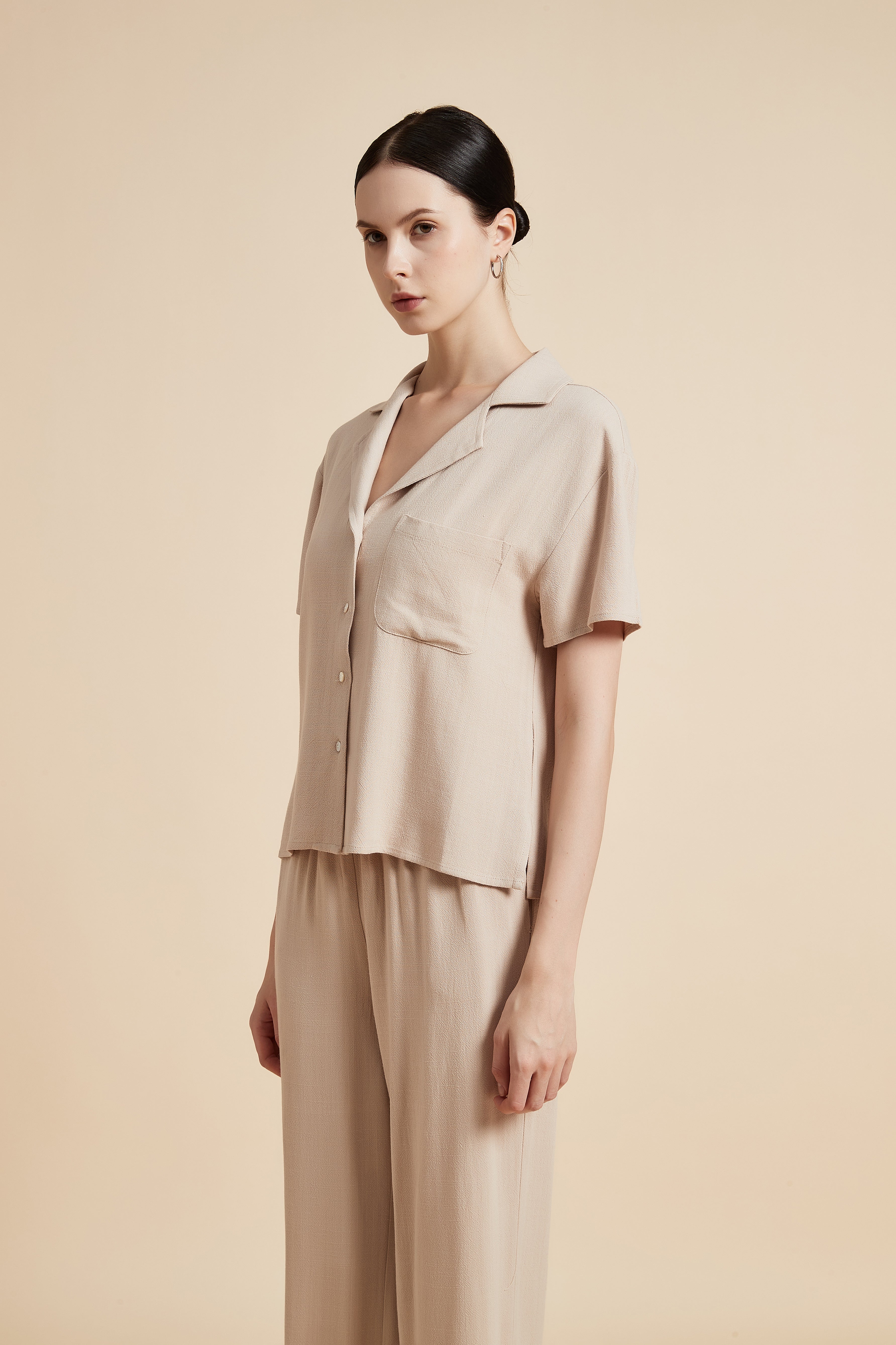 Solid Short Sleeve Blouse with Front Buttons