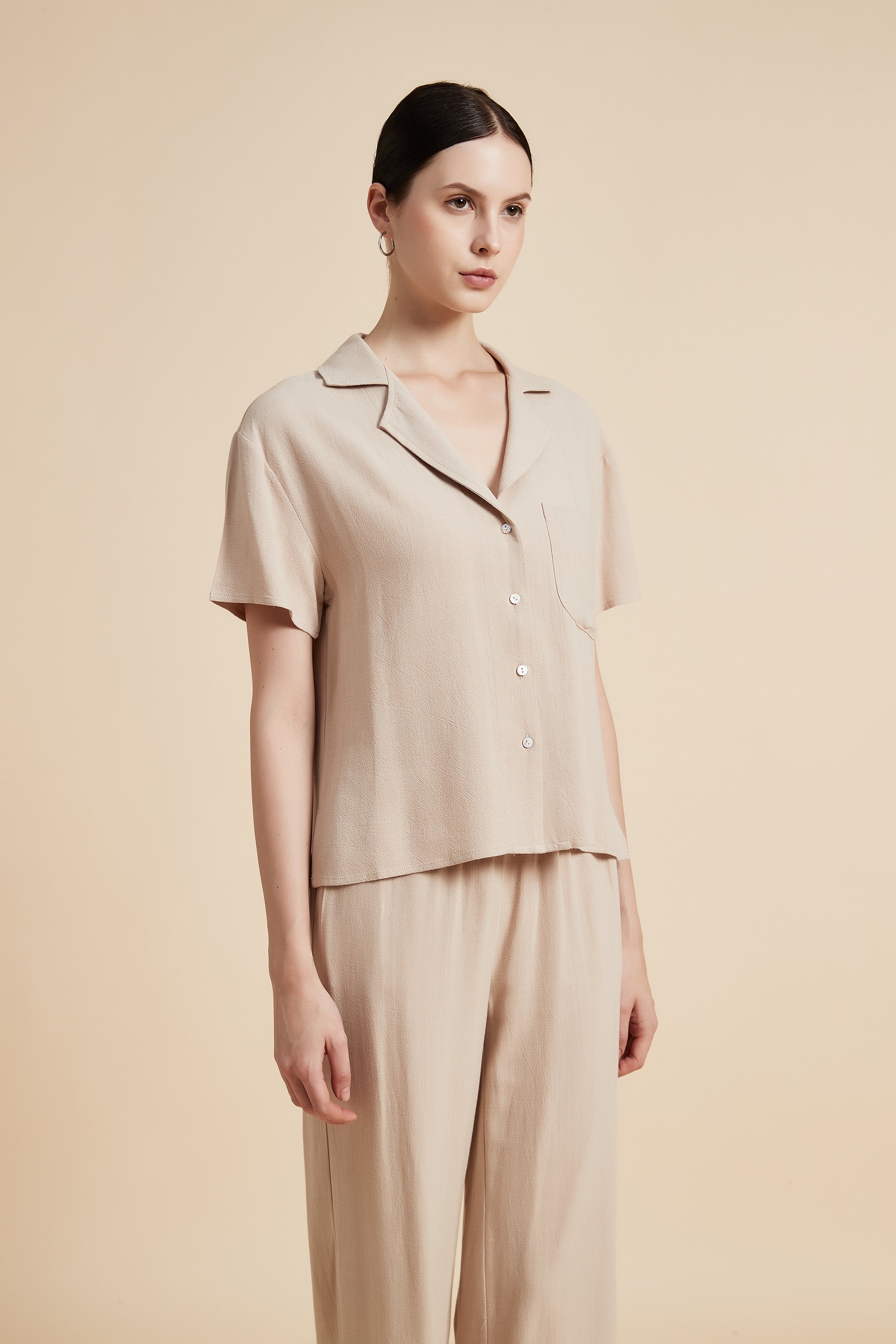 Solid Short Sleeve Blouse with Front Buttons