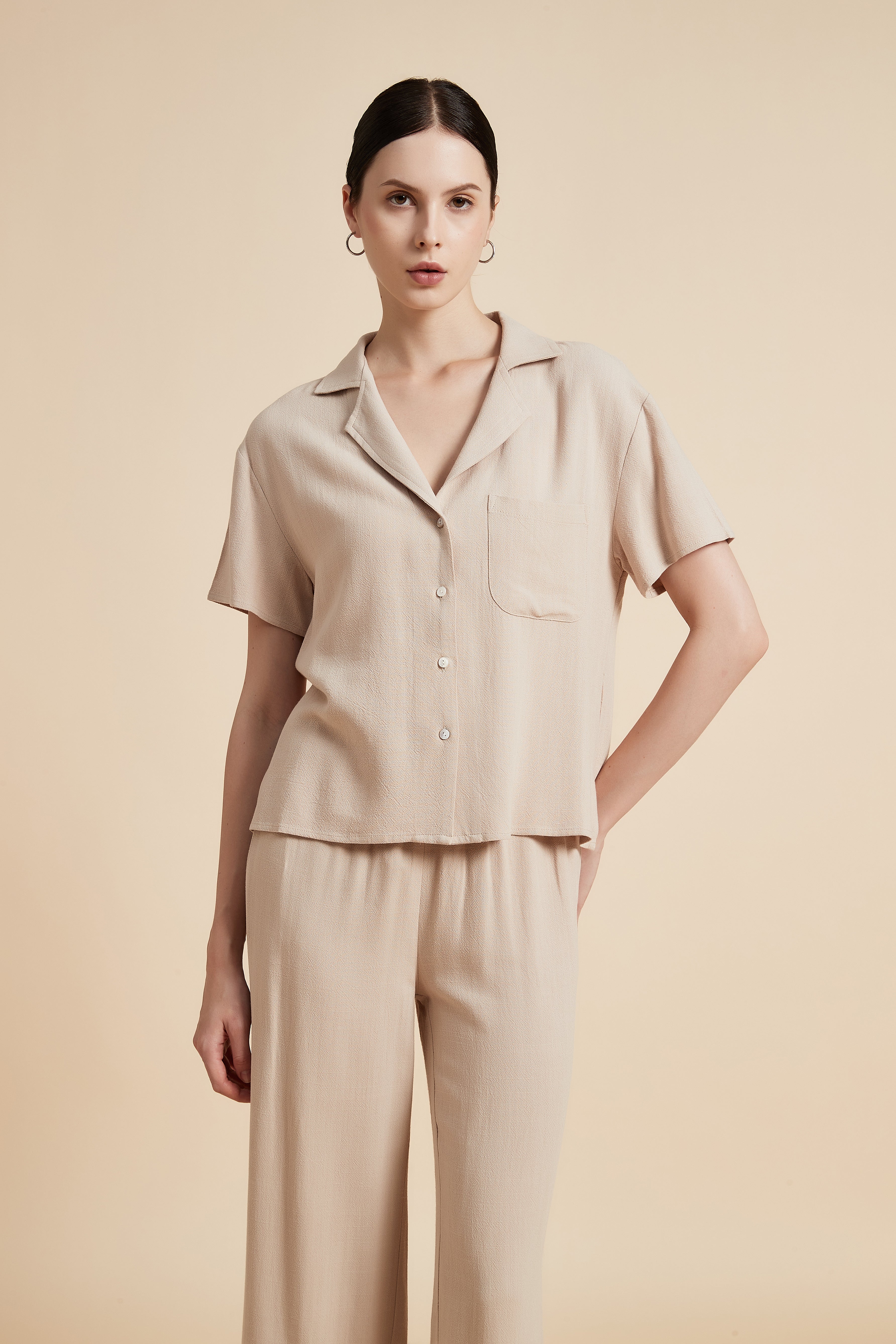Solid Short Sleeve Blouse with Front Buttons