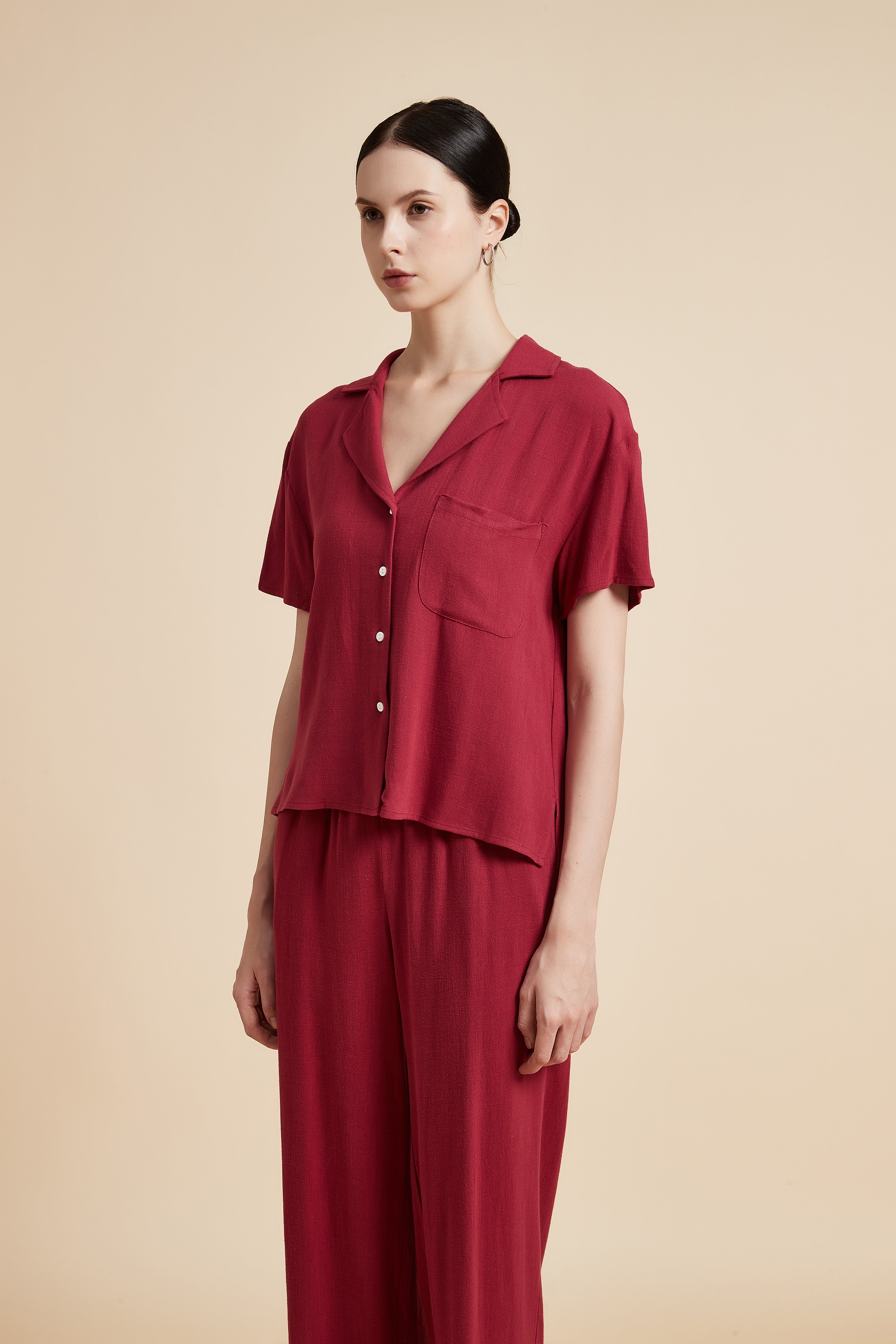 Solid Short Sleeve Blouse with Front Buttons