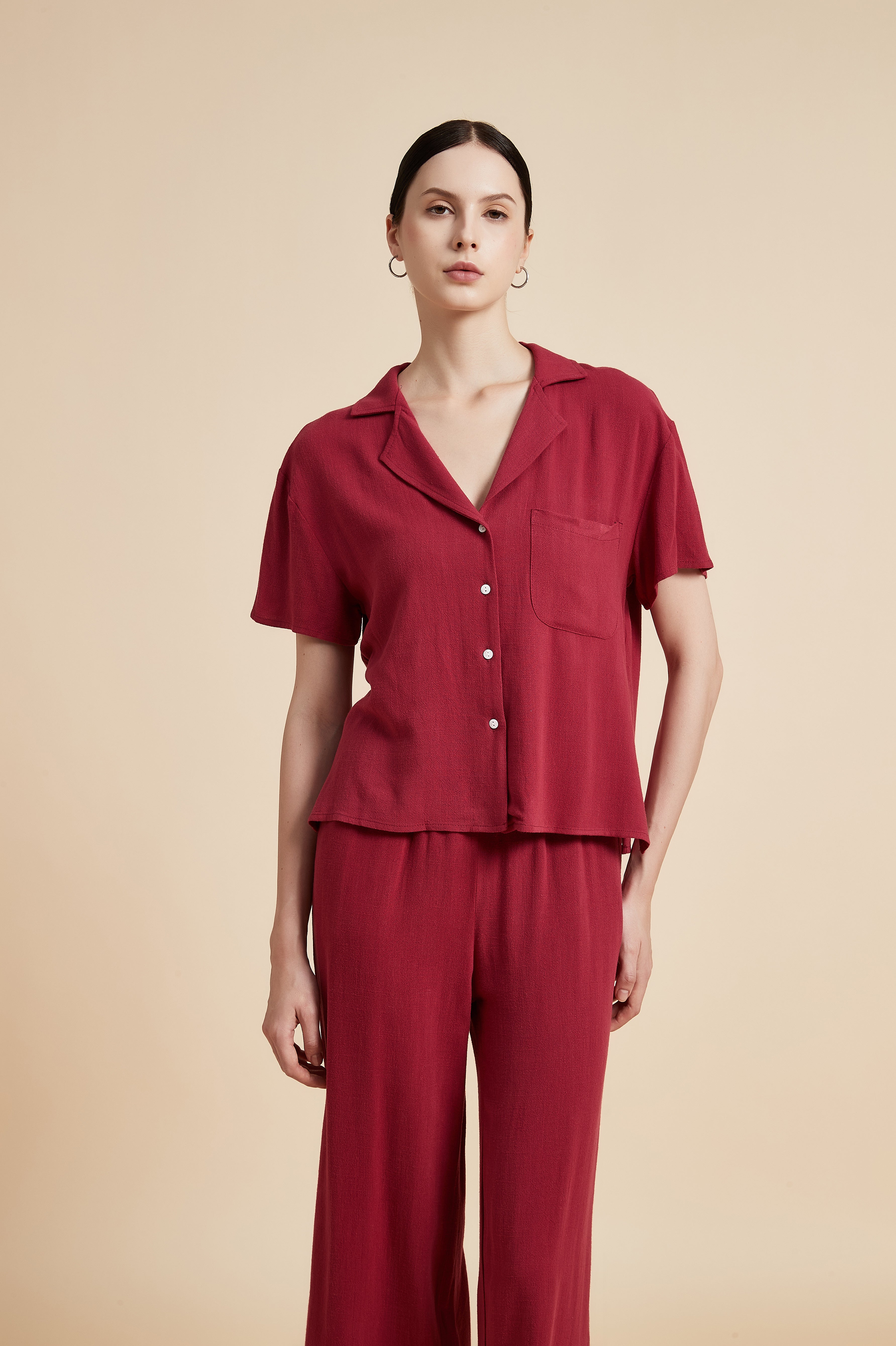 Solid Short Sleeve Blouse with Front Buttons