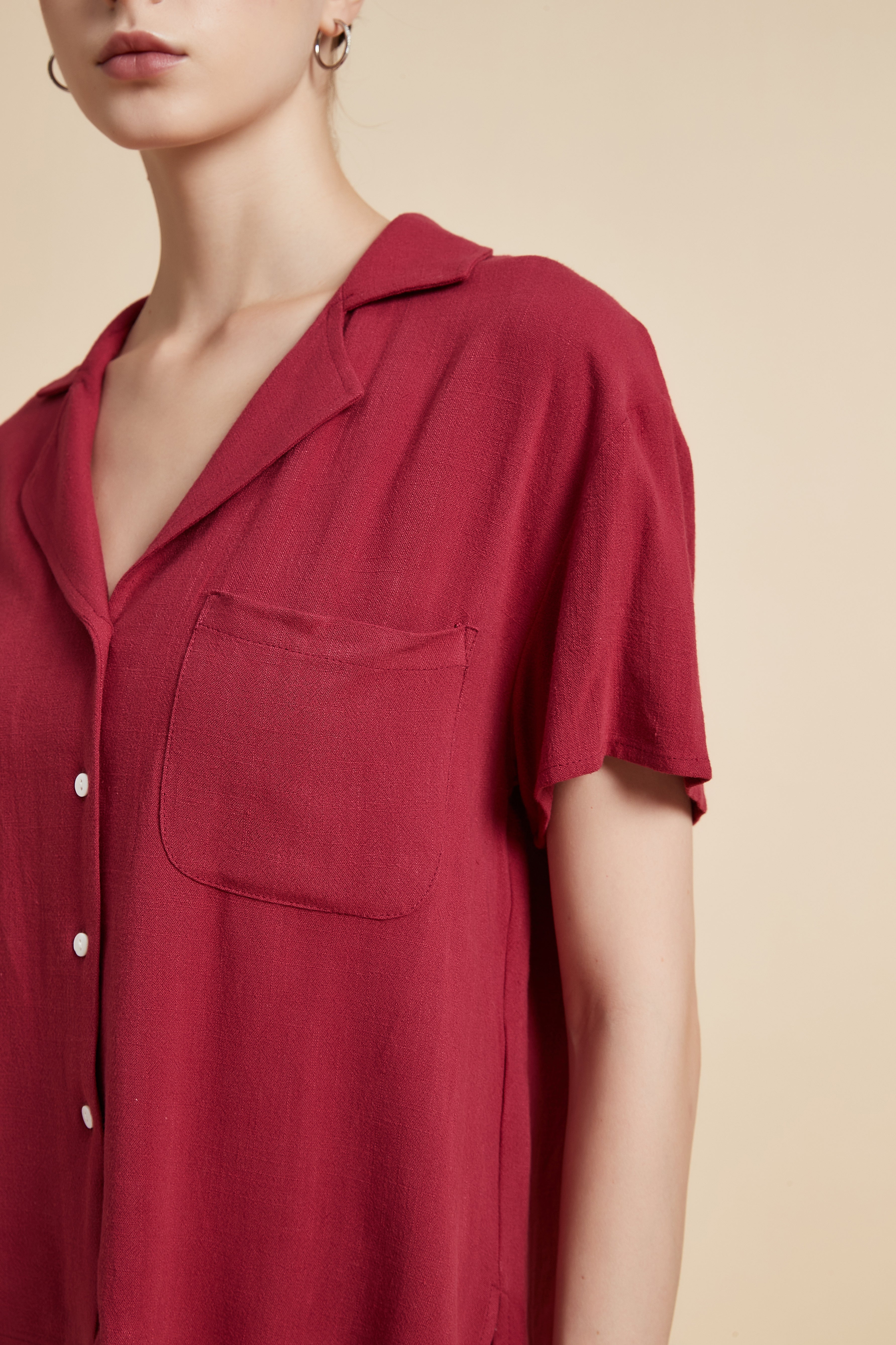 Solid Short Sleeve Blouse with Front Buttons