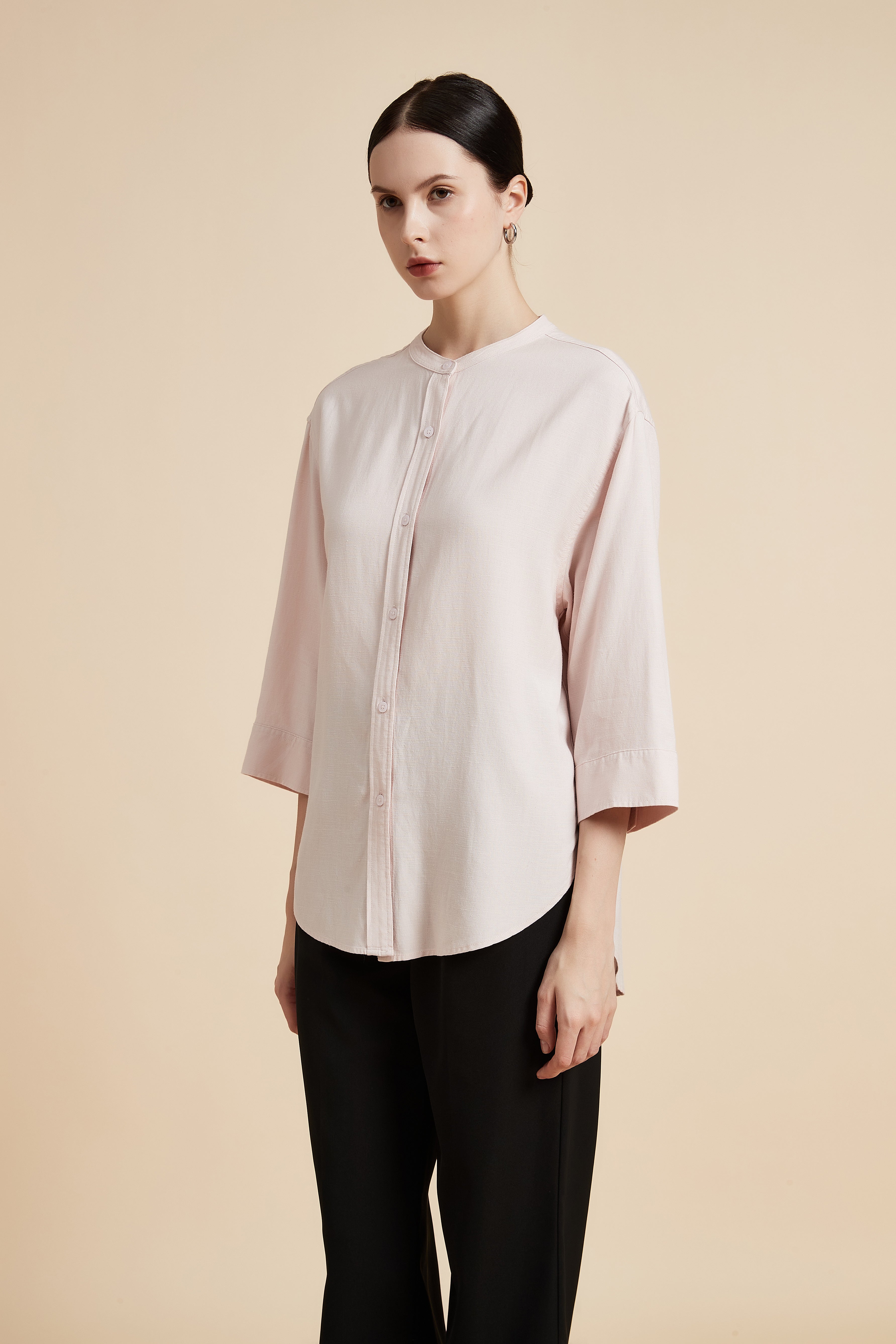 Solid 3/4 Sleeve Blouse with Front Buttons