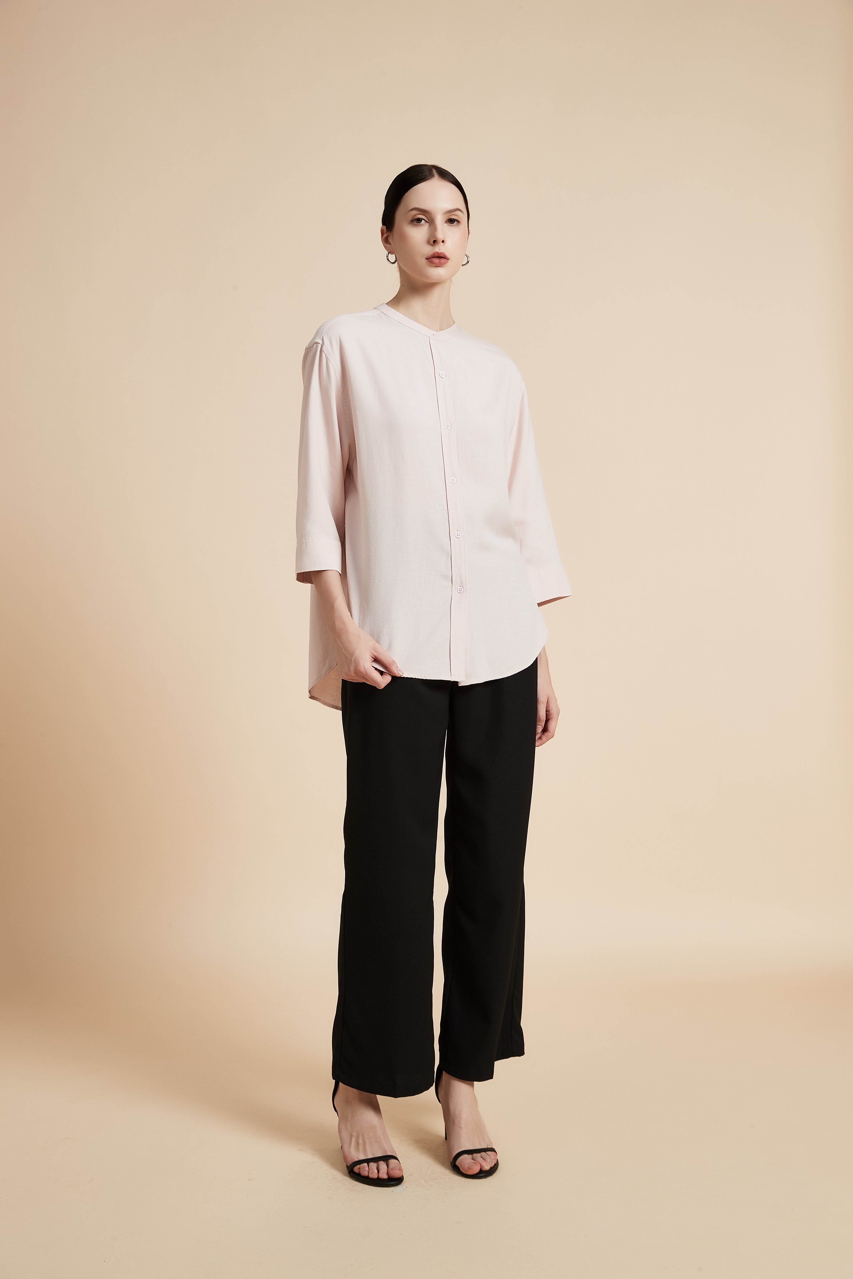 Solid 3/4 Sleeve Blouse with Front Buttons