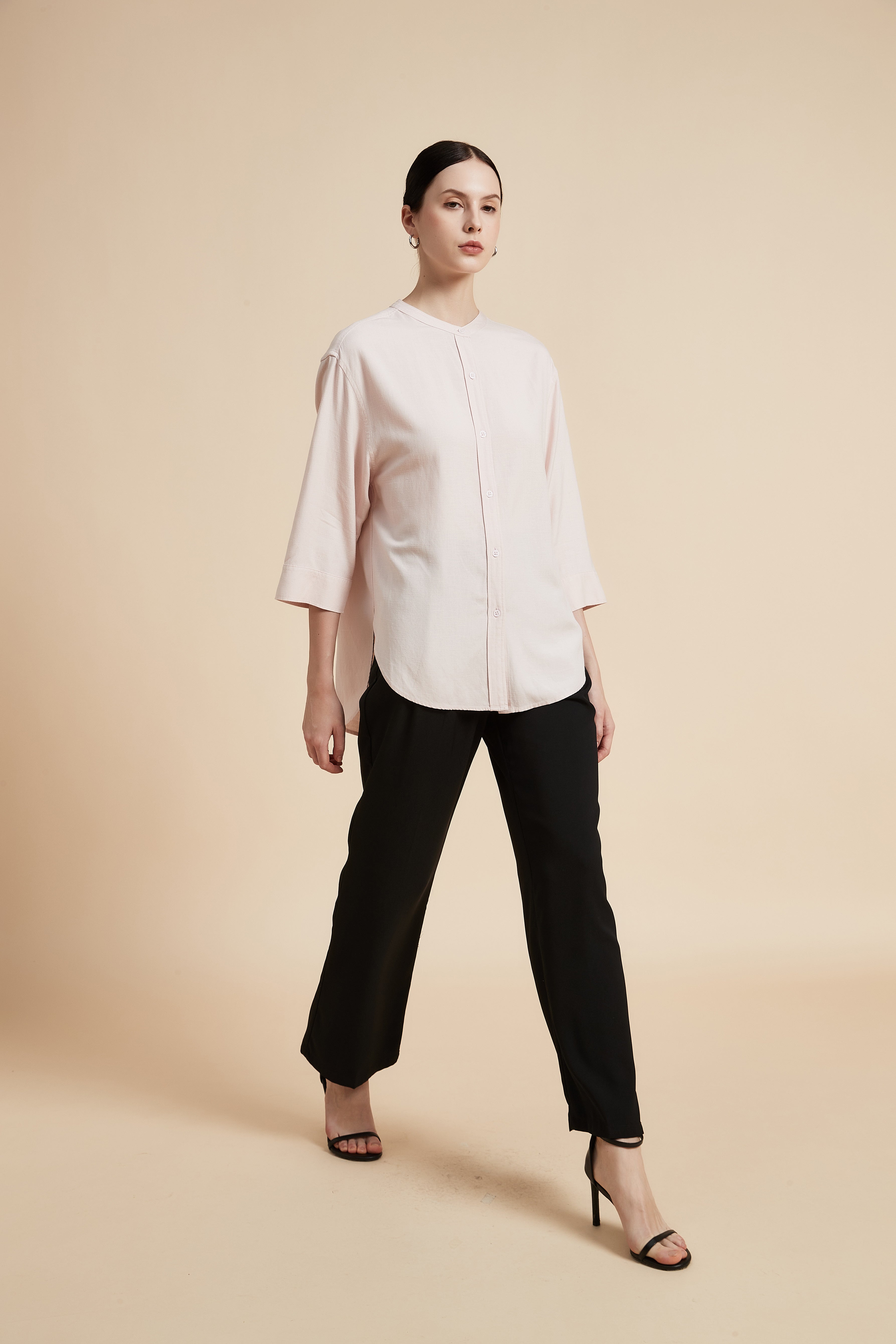 Solid 3/4 Sleeve Blouse with Front Buttons
