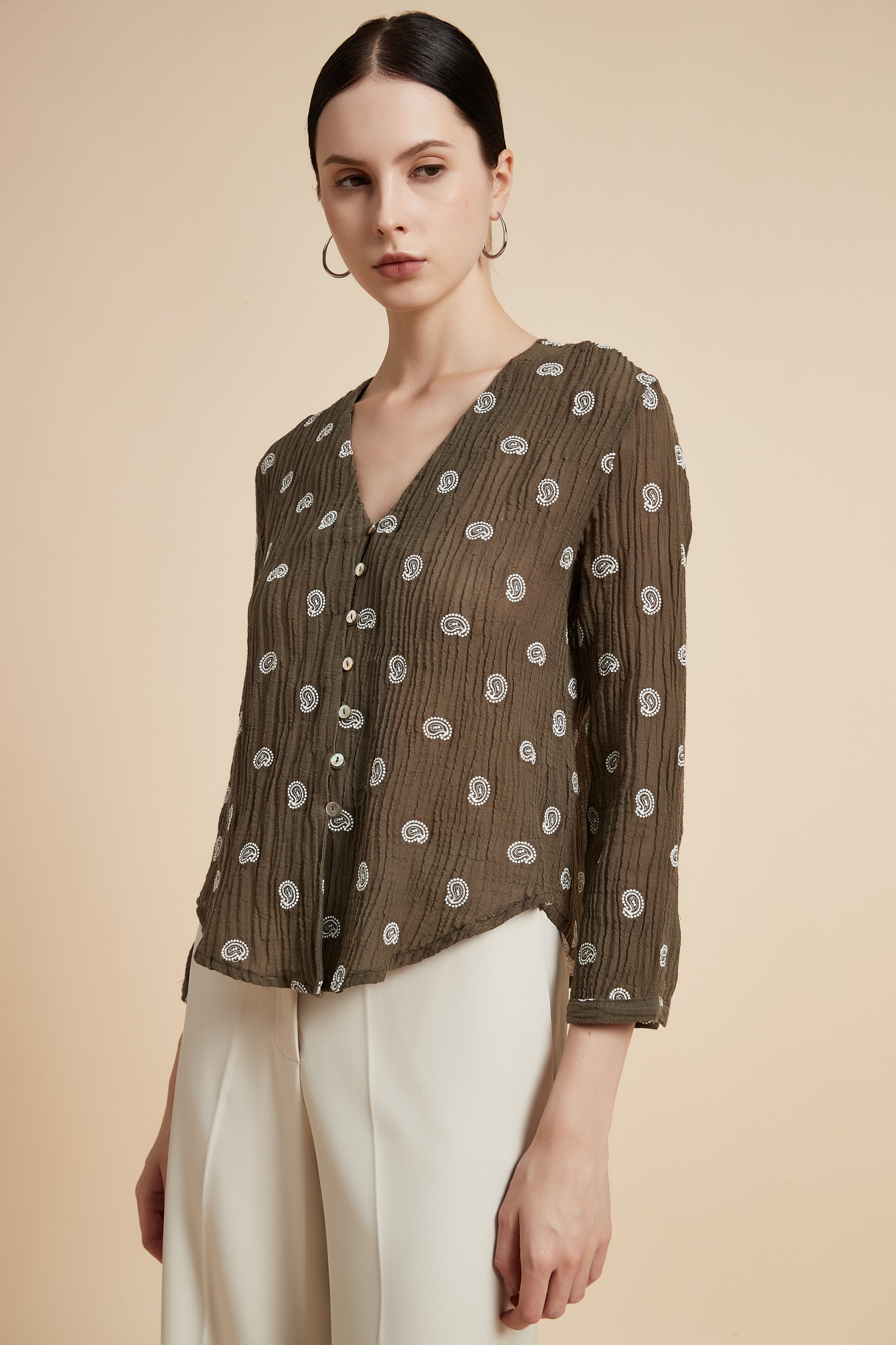 V-Neck Printed 3/4 Sleeve Blouse