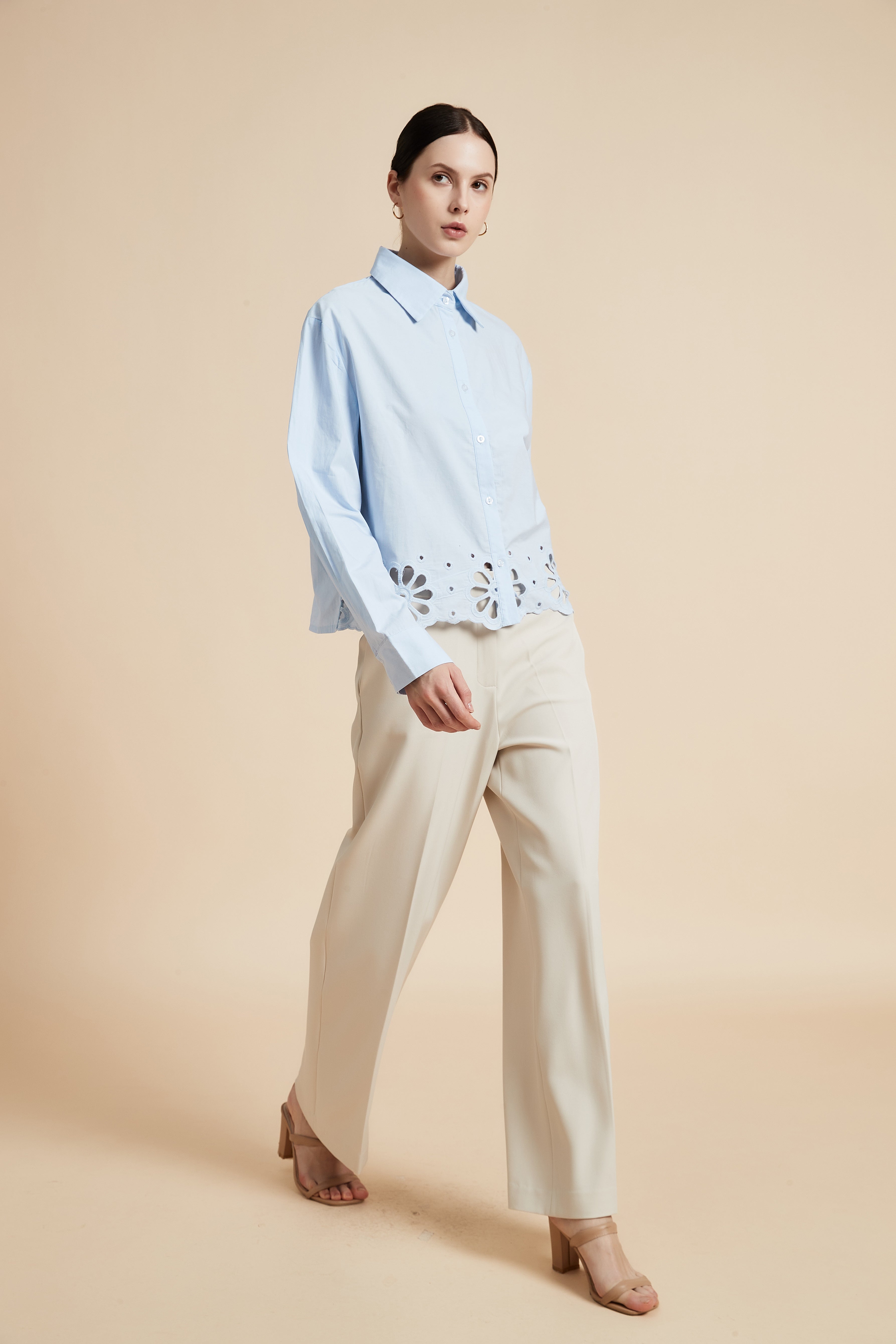 Solid Long Sleeve Blouse with Shirt Collar