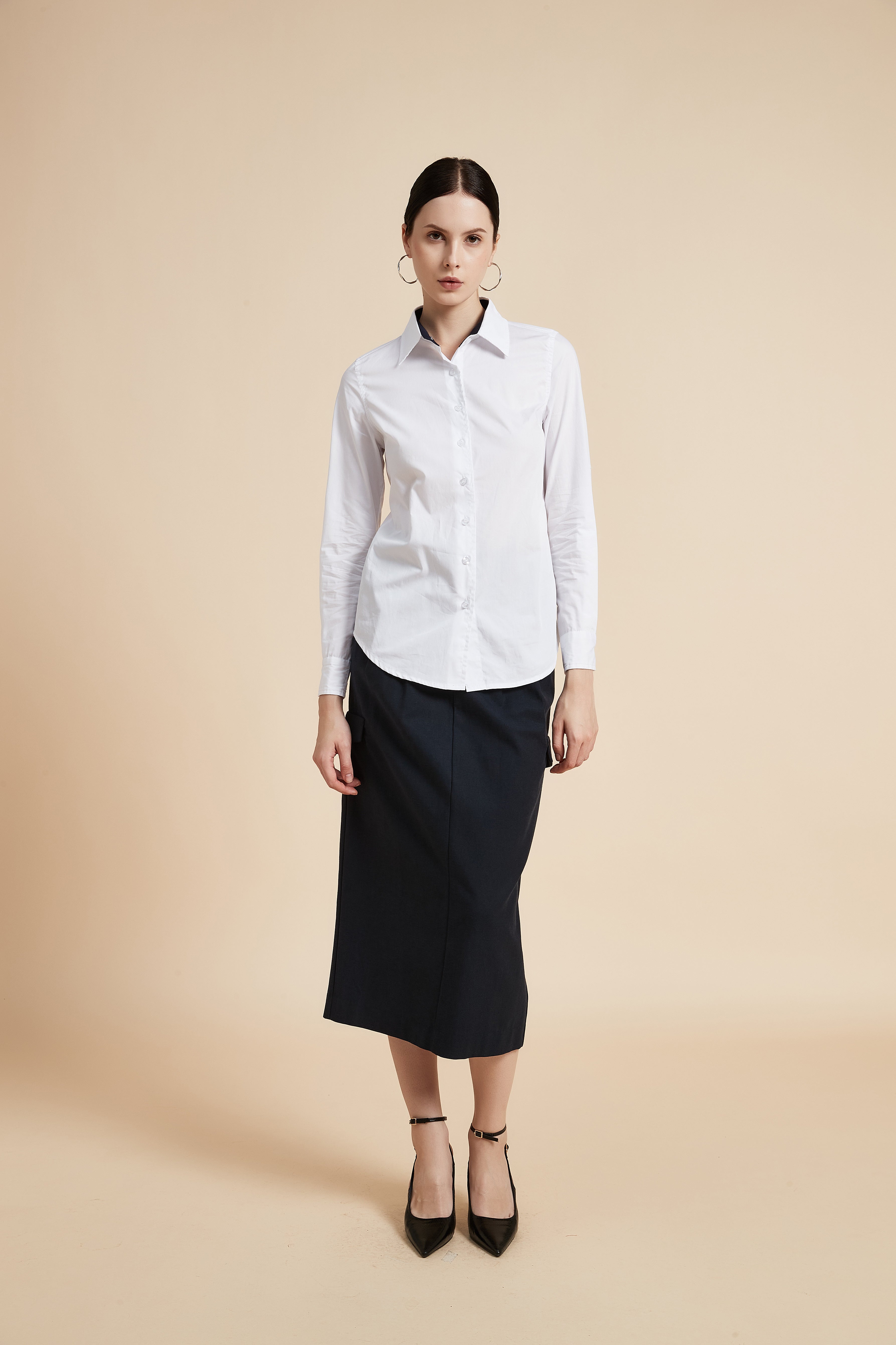 Solid Long Sleeve Blouse with Shirt Collar