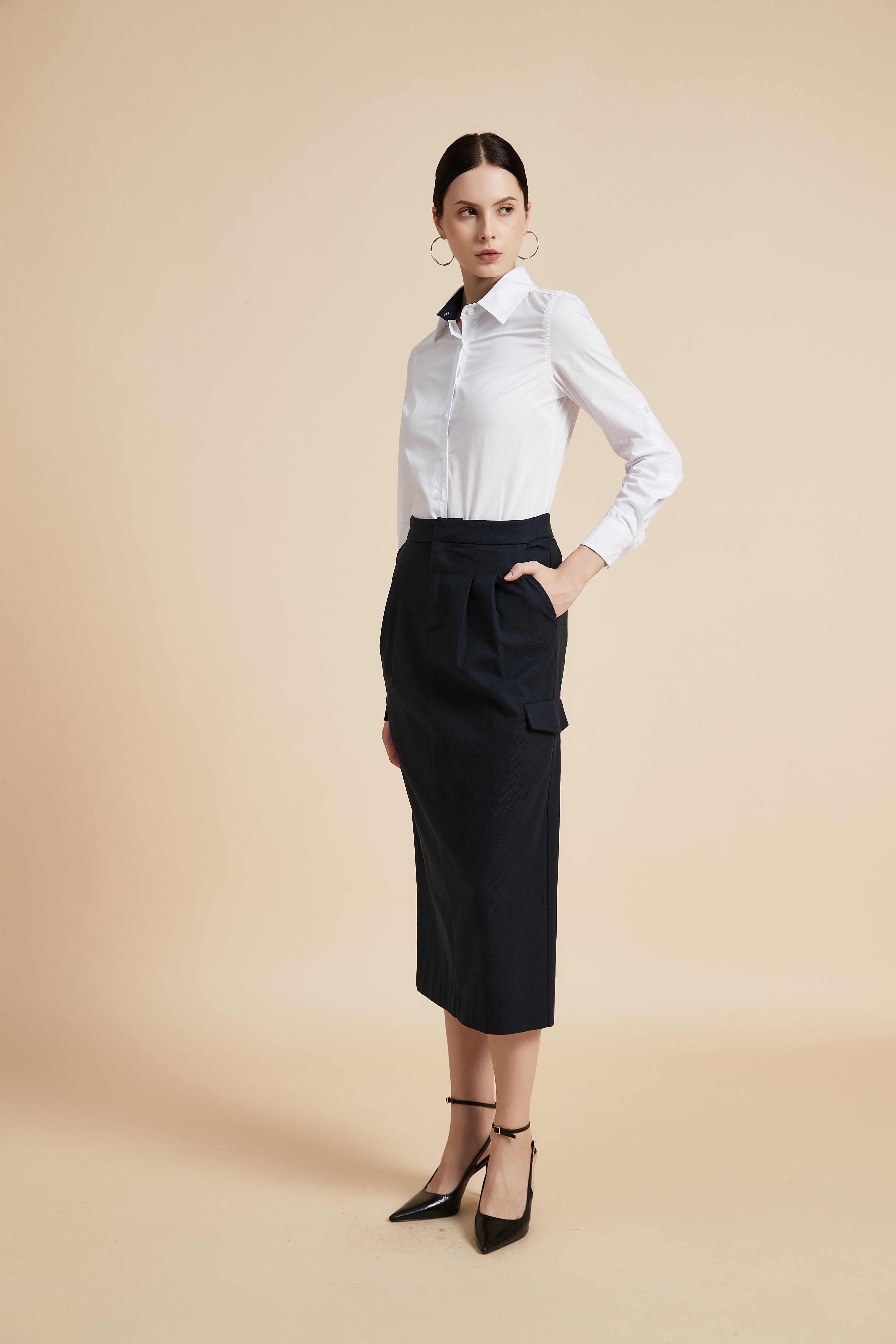 Solid Long Sleeve Blouse with Shirt Collar