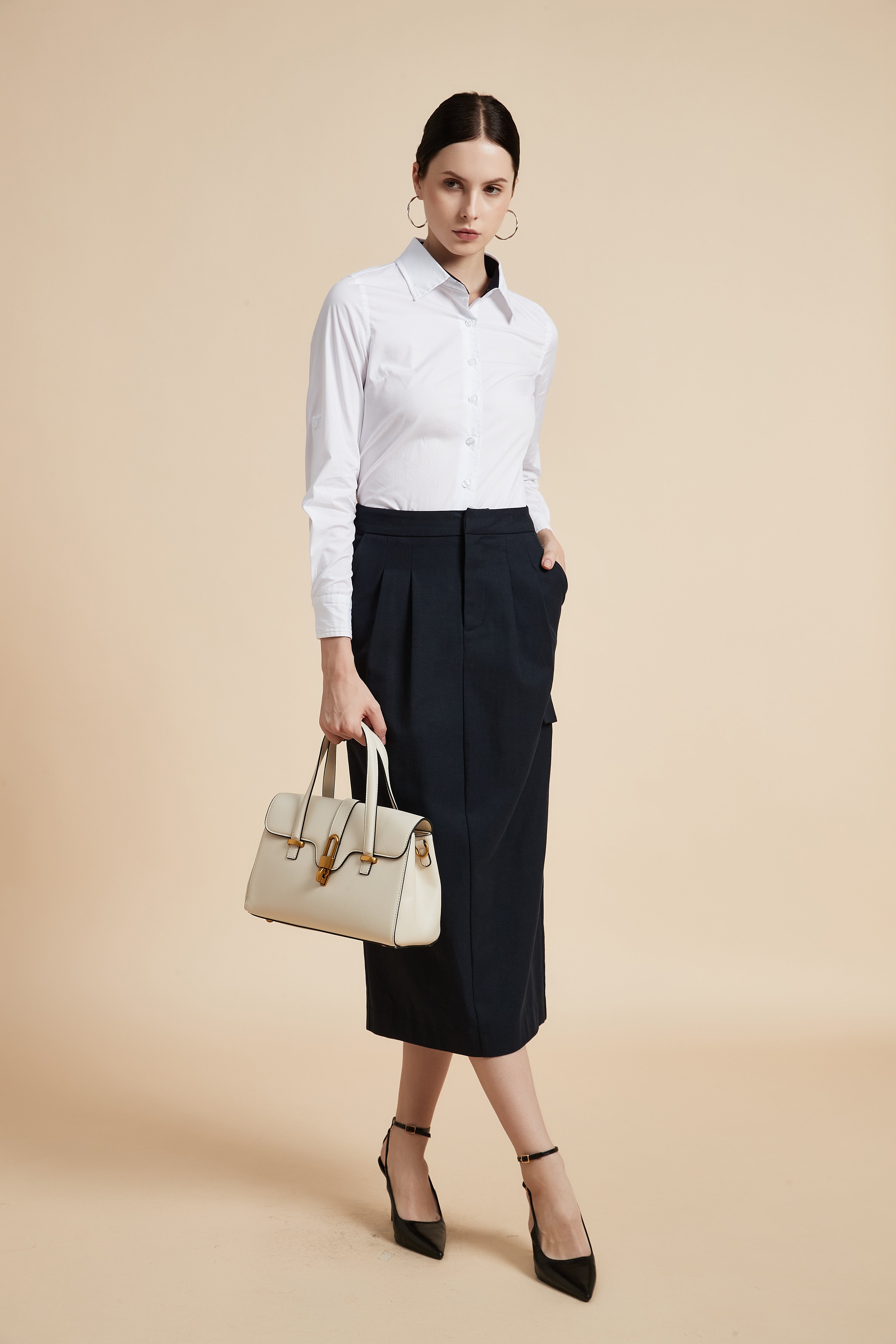 Solid Midi Skirt with Side Pockets