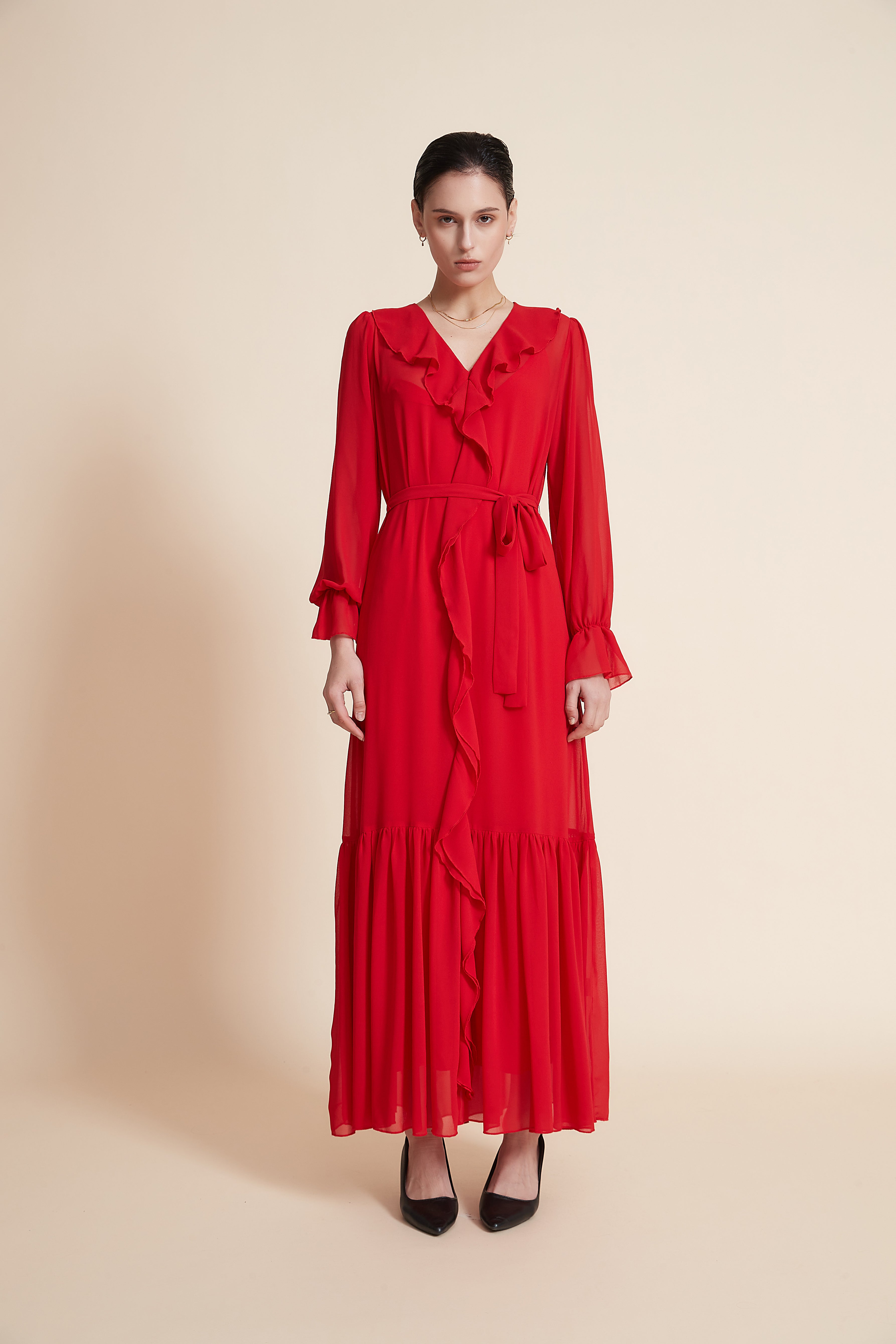 Yola Maxi Dress with Ruffles and Sheer Bottom, Long Sleeves