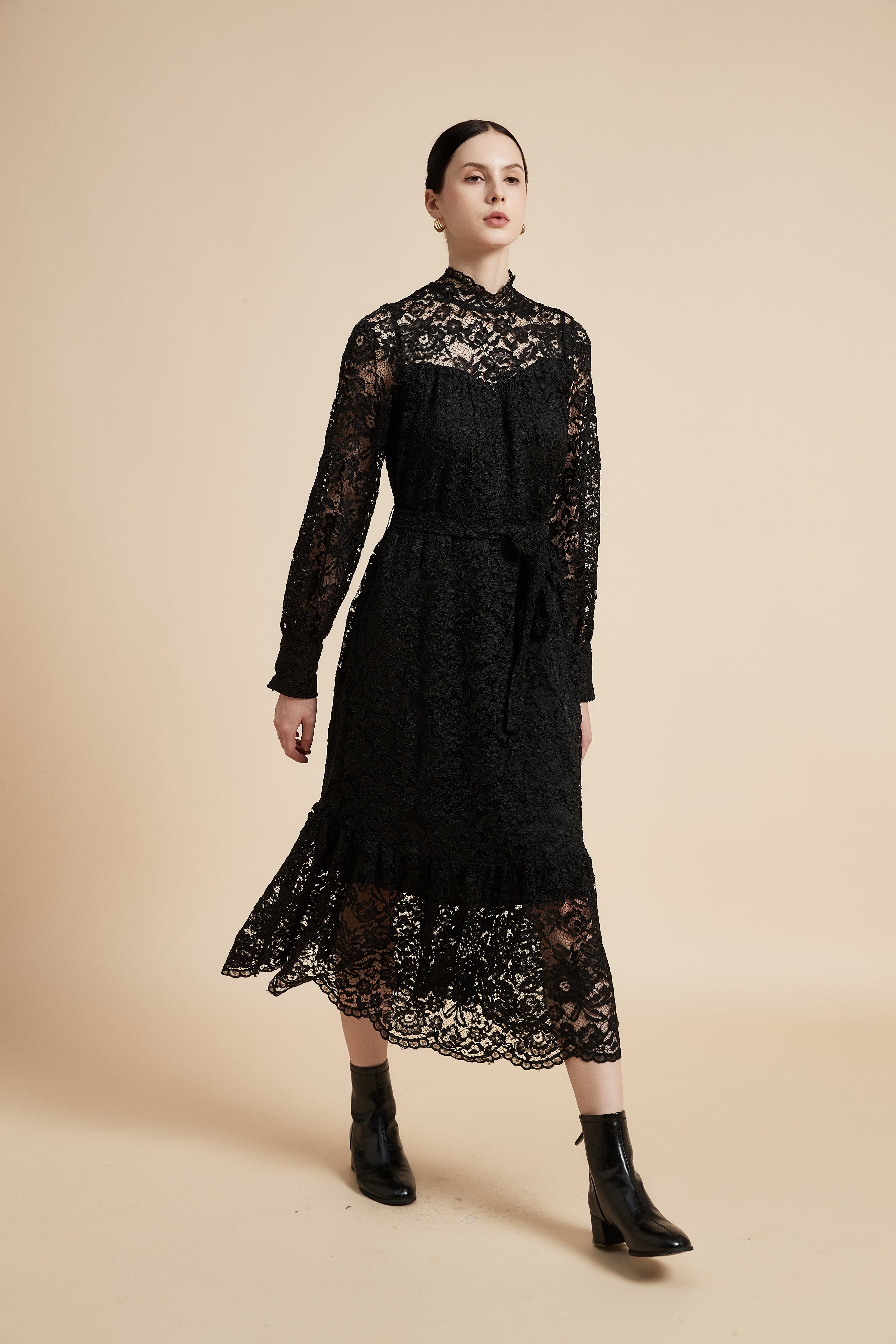 Long Sleeve Midi Dress with Lace Details