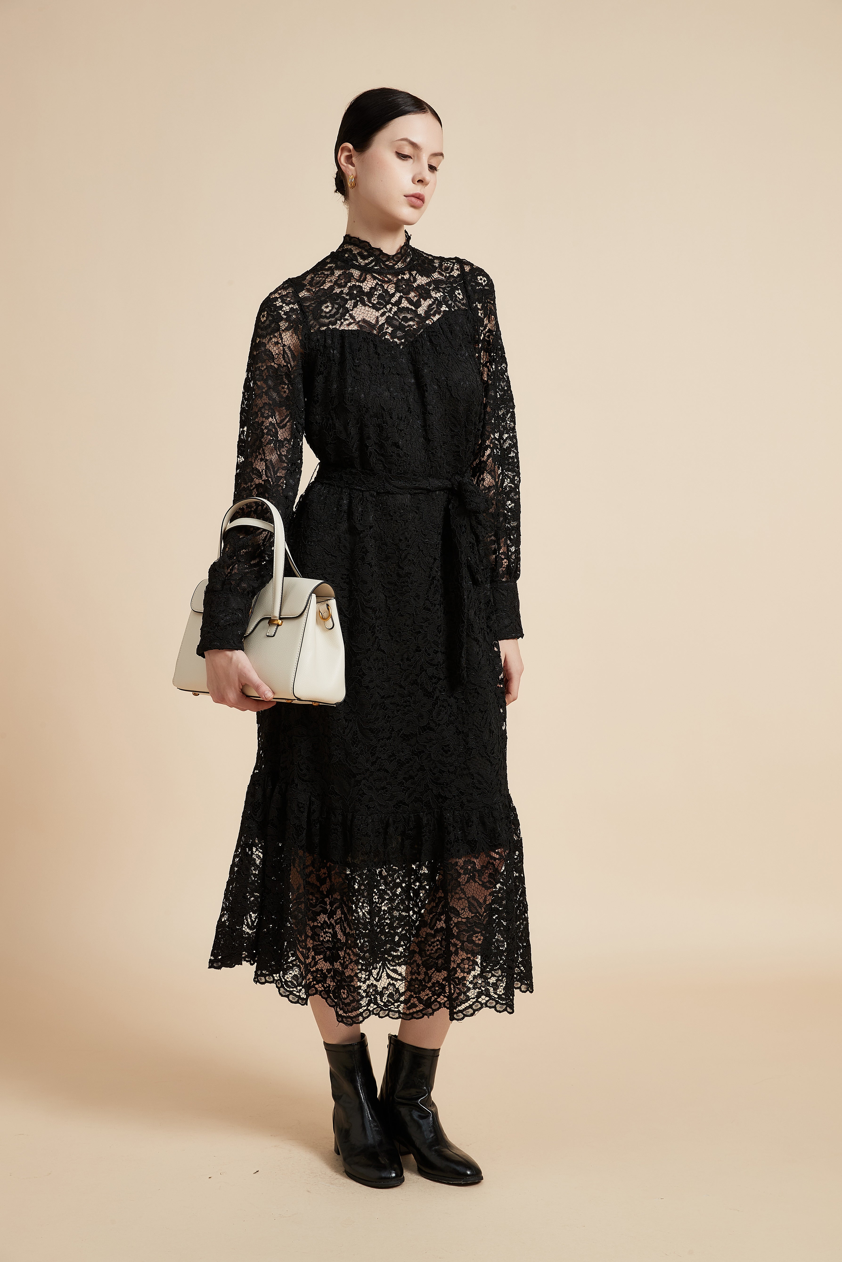 Long Sleeve Midi Dress with Lace Details