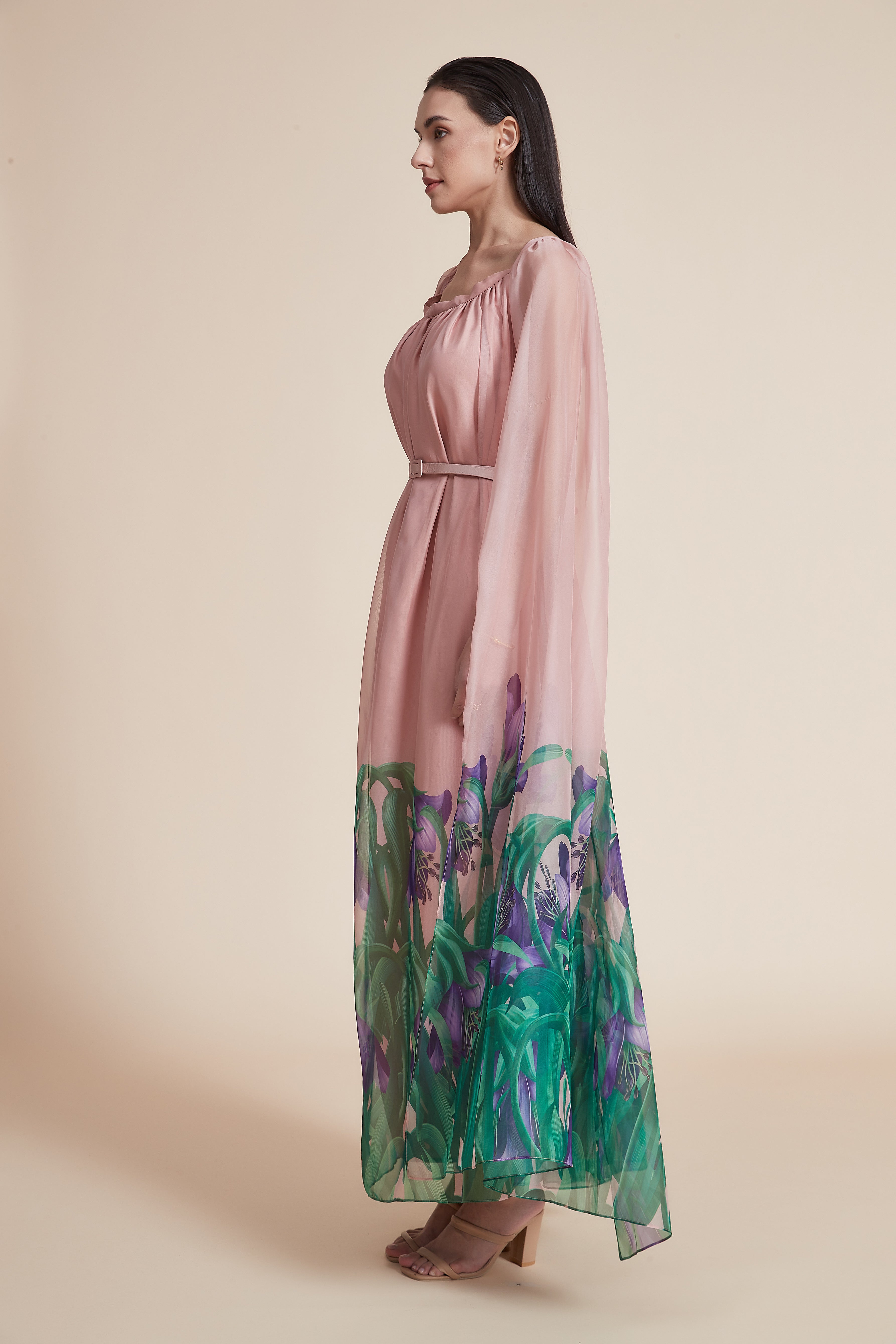 Ruffled Dress with Square Neckline and High Waist Belt