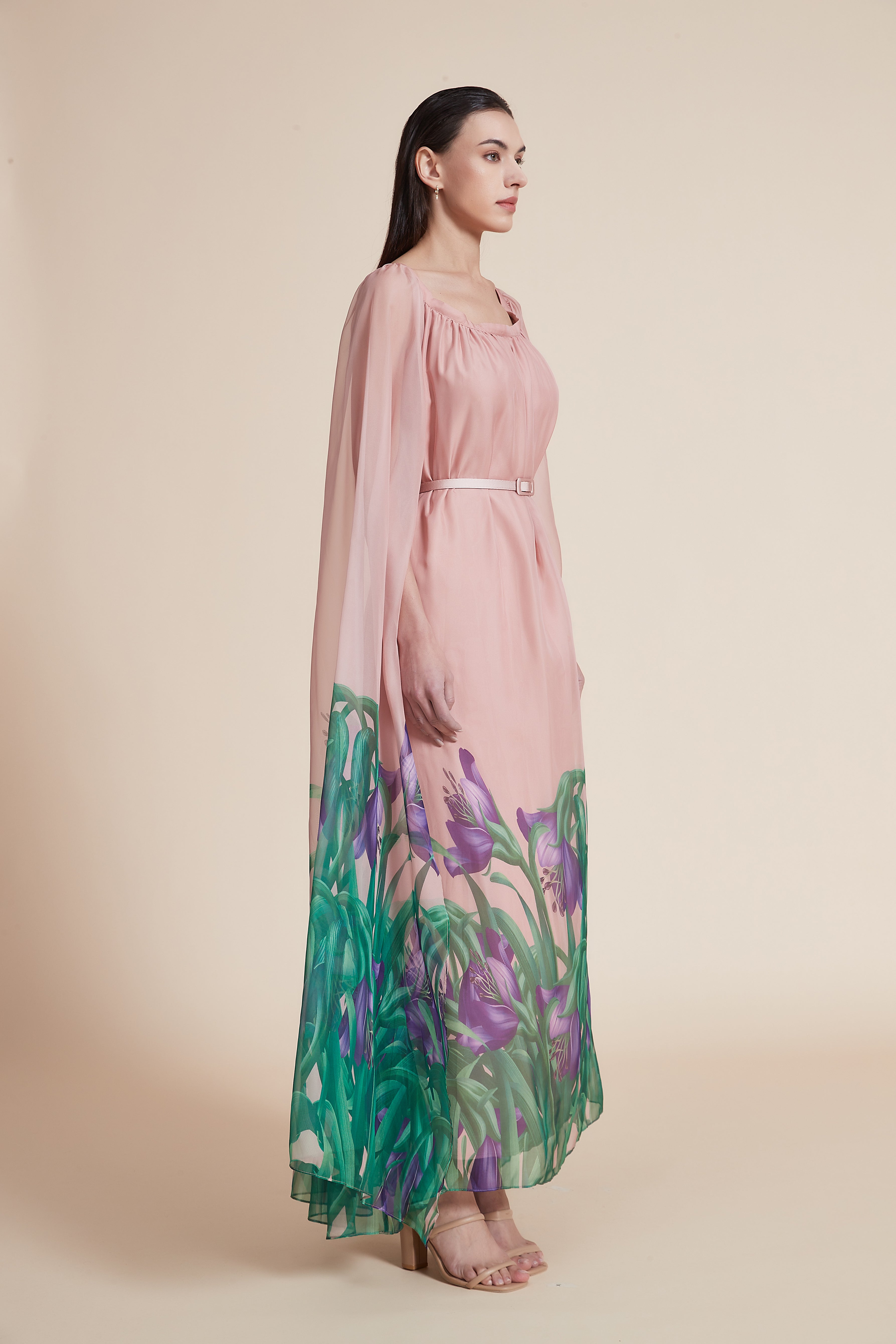 Ruffled Dress with Square Neckline and High Waist Belt