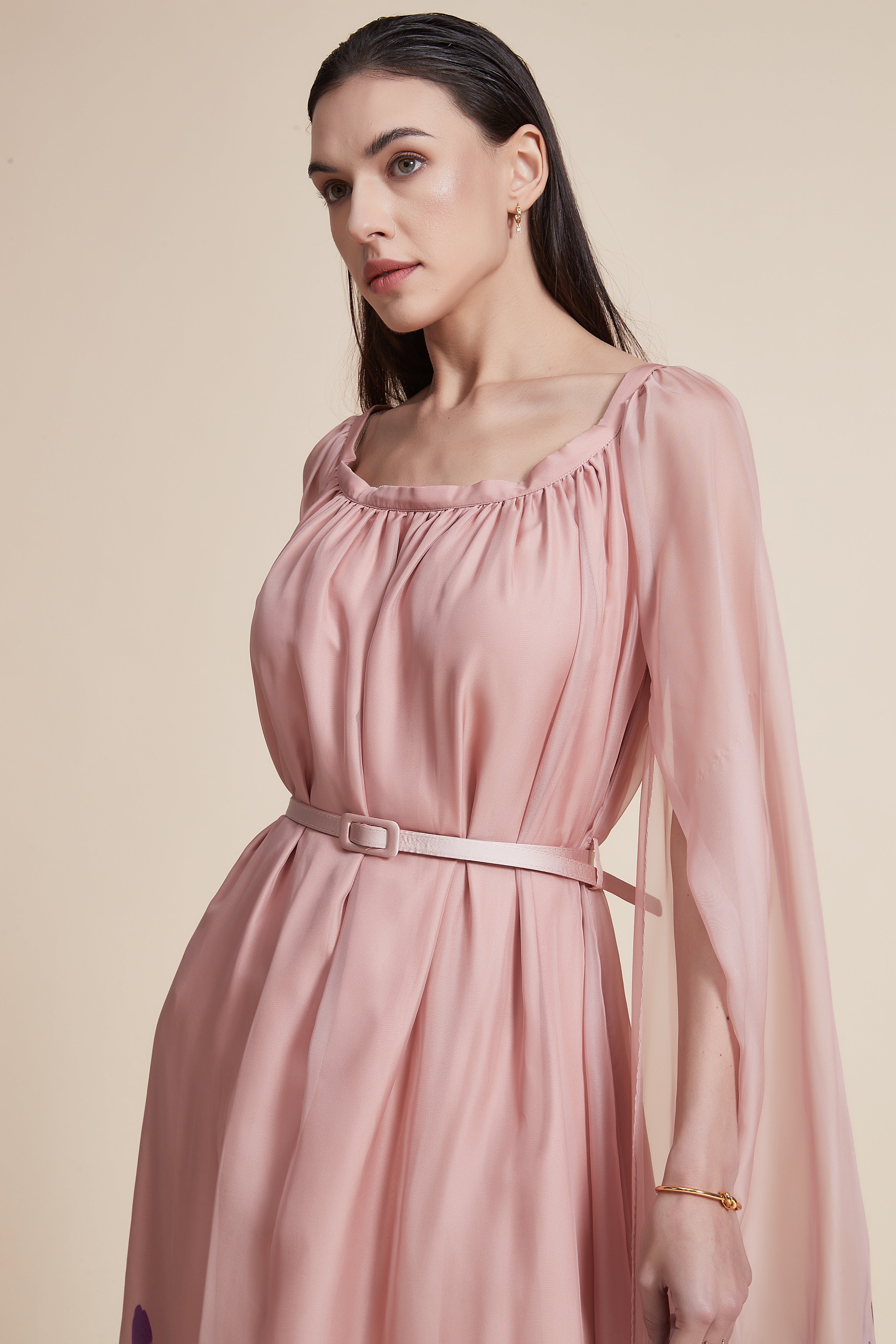 Ruffled Dress with Square Neckline and High Waist Belt