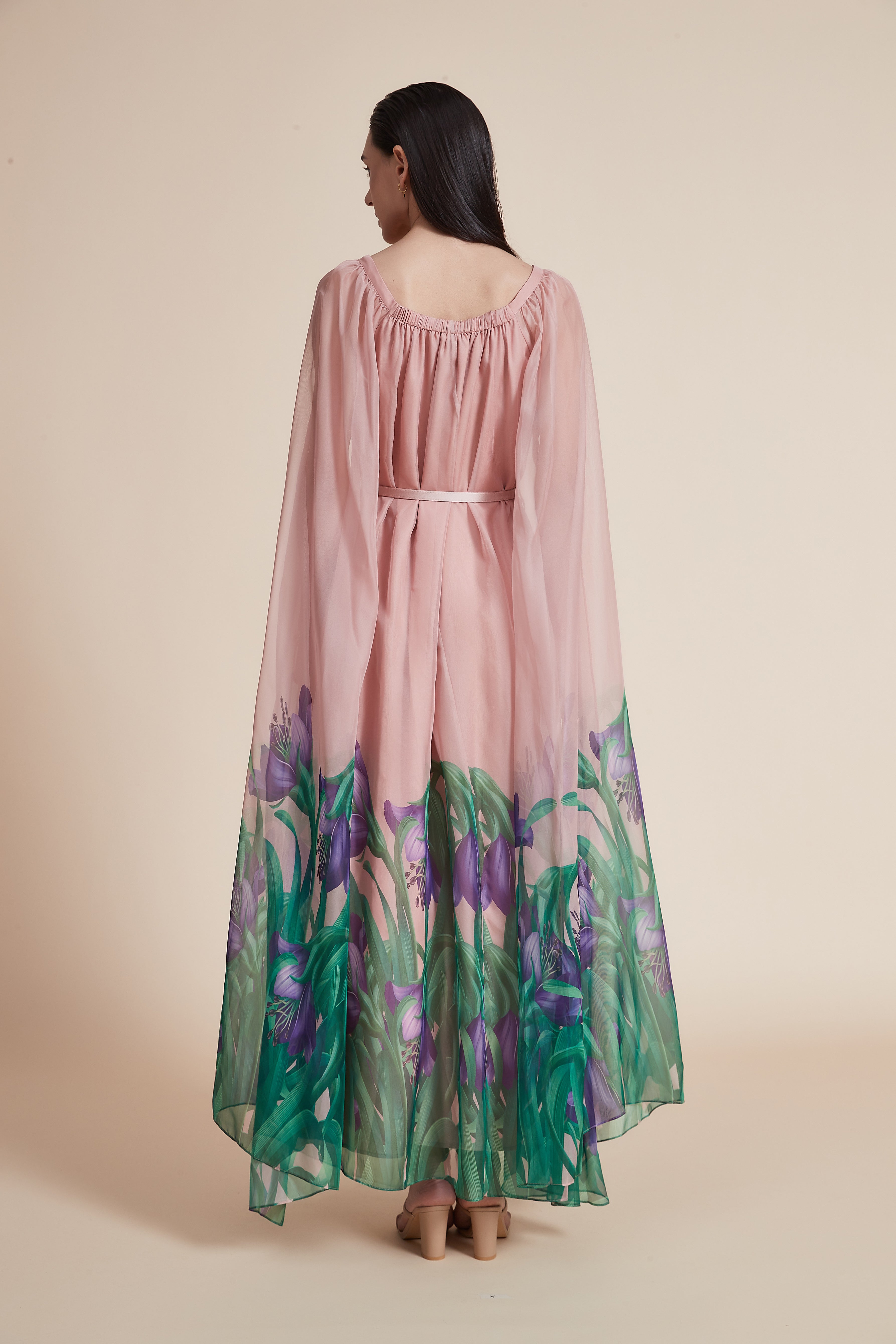 Ruffled Dress with Square Neckline and High Waist Belt