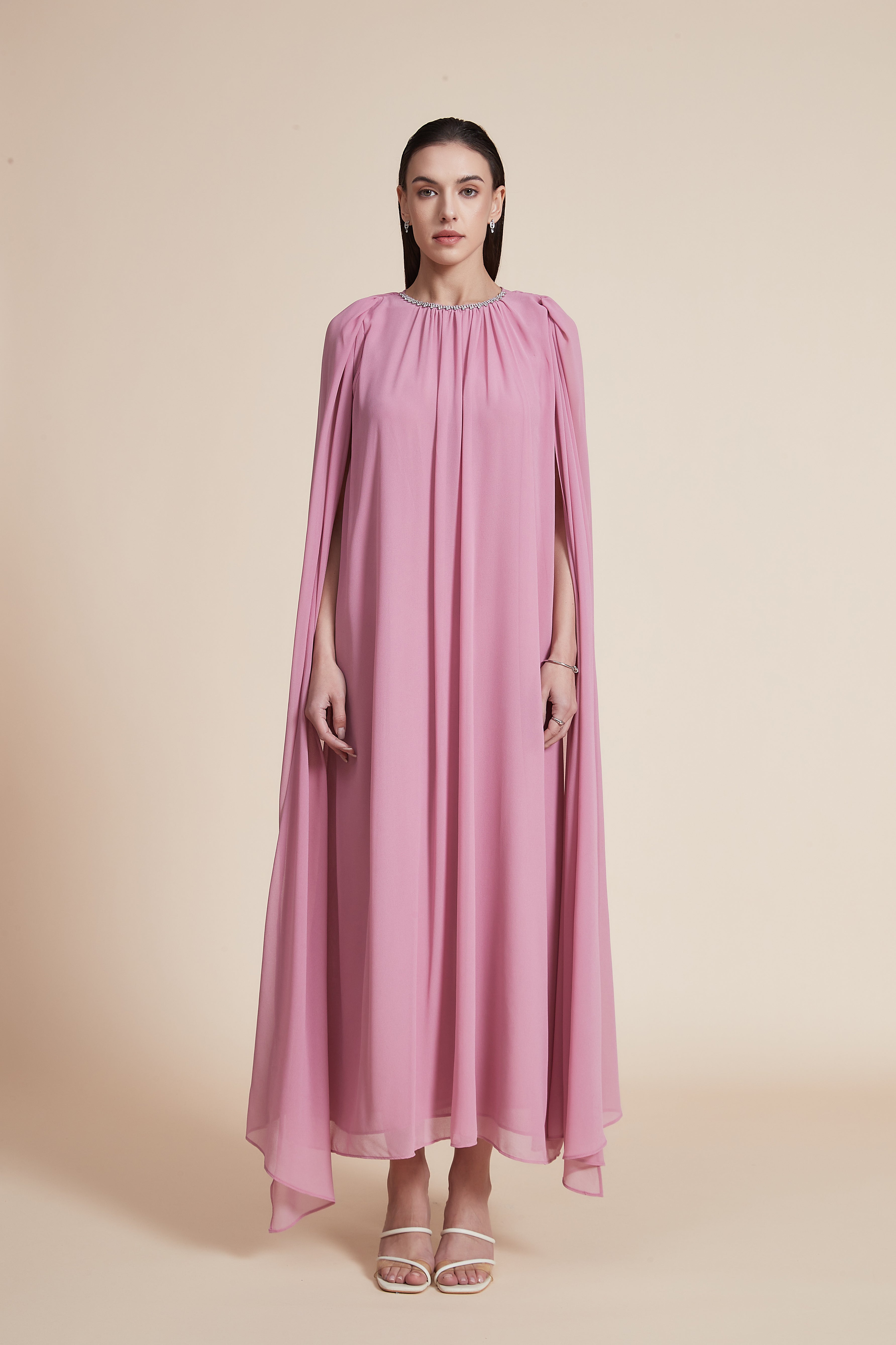 Loose Long Ruffled Dress with Neck Embroidery