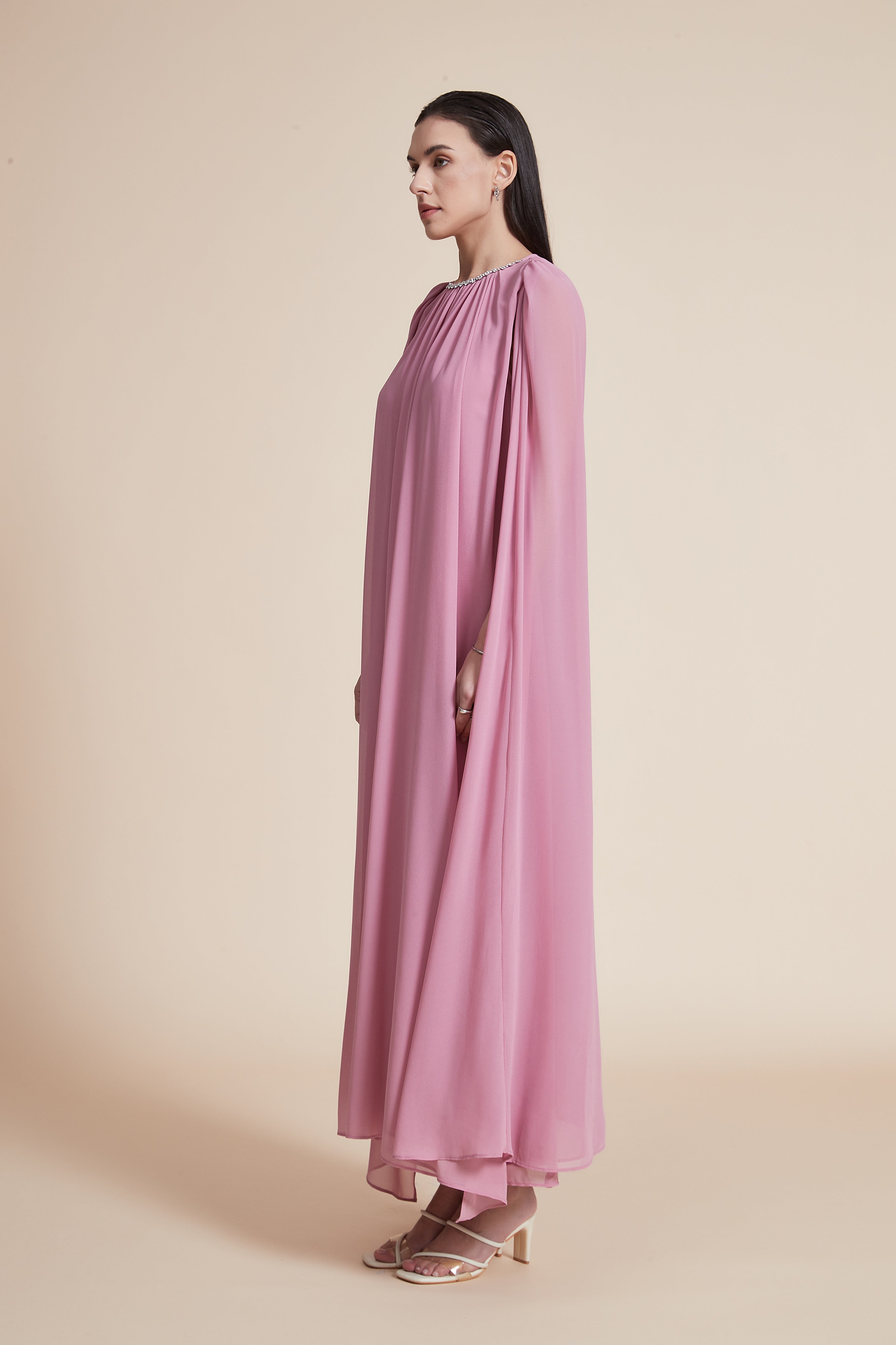 Loose Long Ruffled Dress with Neck Embroidery