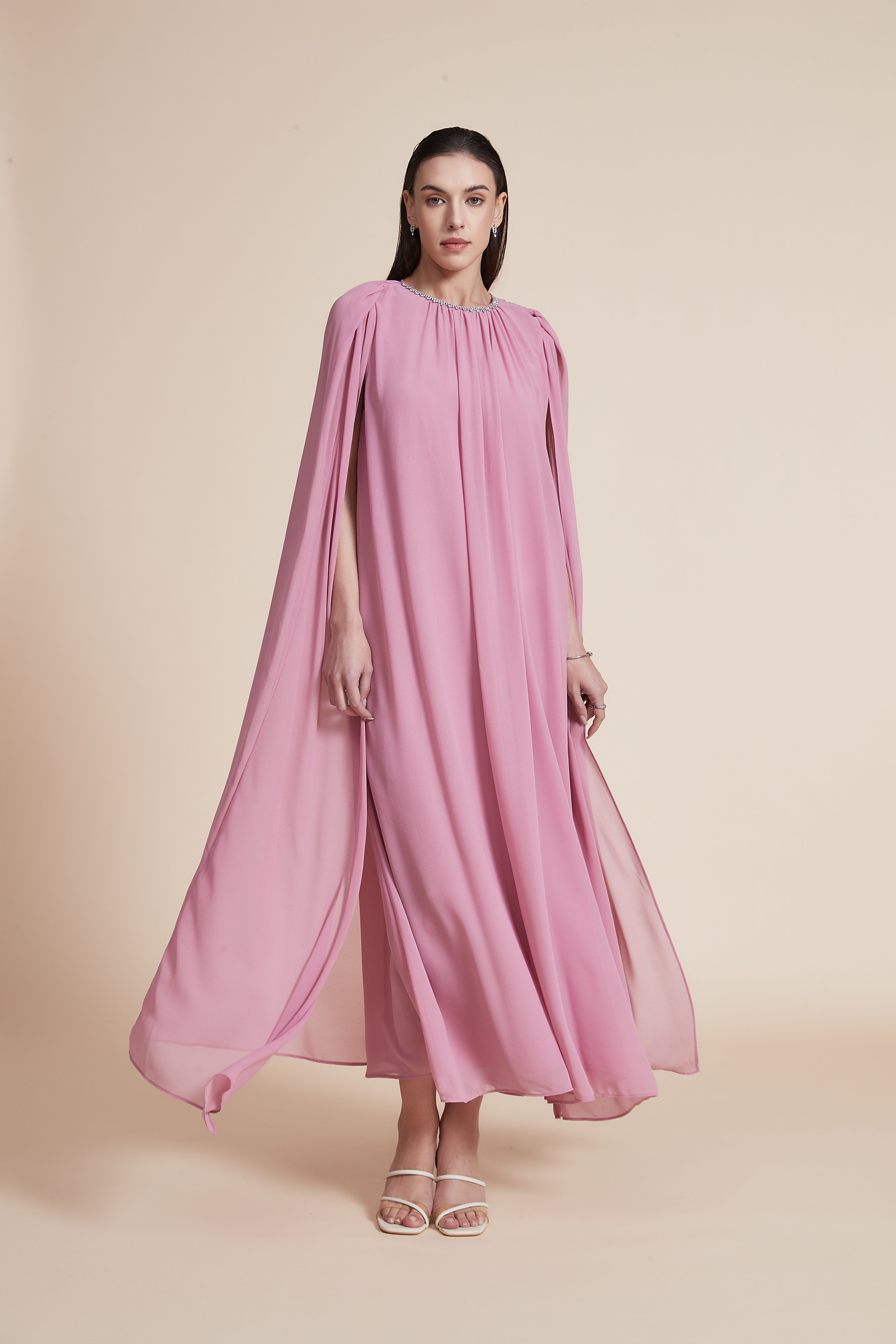 Loose Long Ruffled Dress with Neck Embroidery